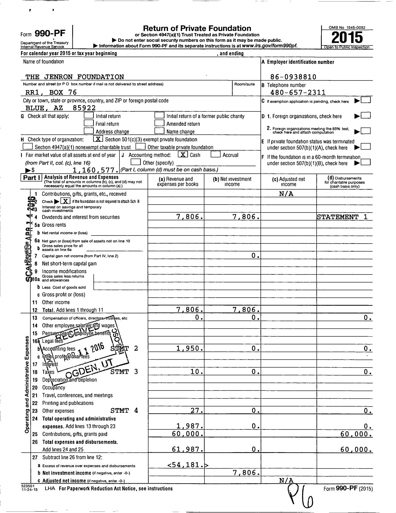 Image of first page of 2015 Form 990PF for The Jenron Foundation