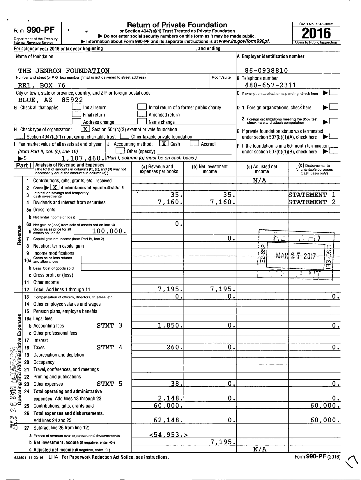 Image of first page of 2016 Form 990PF for The Jenron Foundation