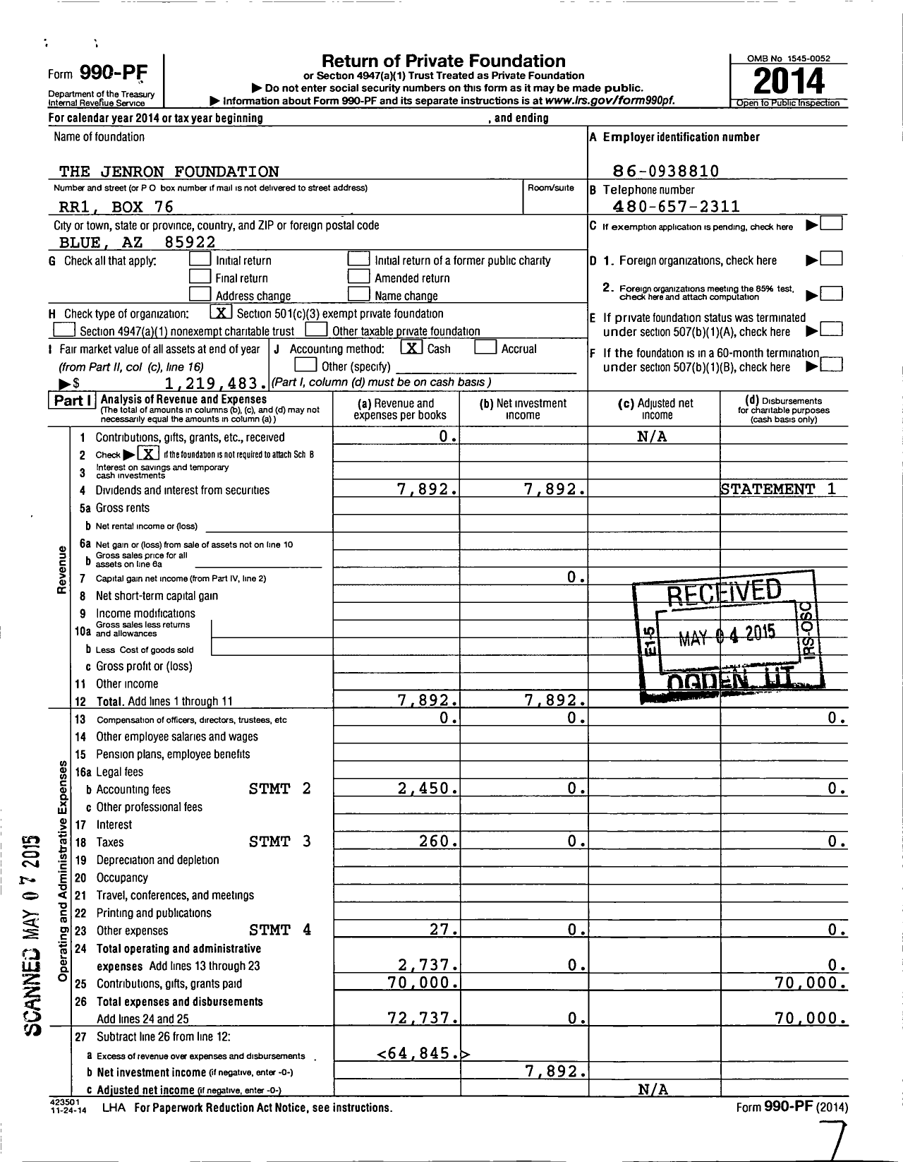 Image of first page of 2014 Form 990PF for The Jenron Foundation