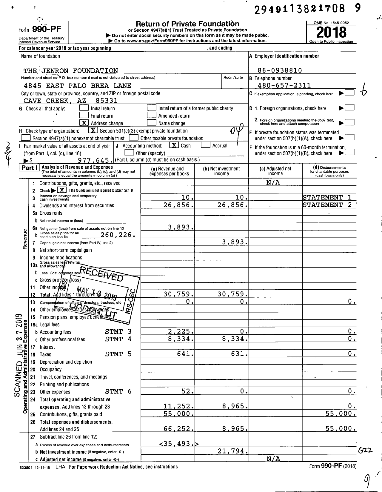 Image of first page of 2018 Form 990PF for The Jenron Foundation