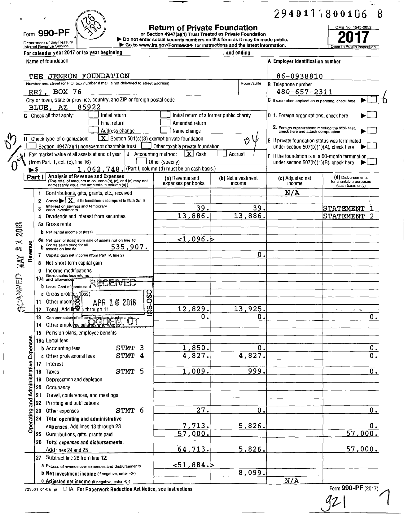 Image of first page of 2017 Form 990PF for The Jenron Foundation