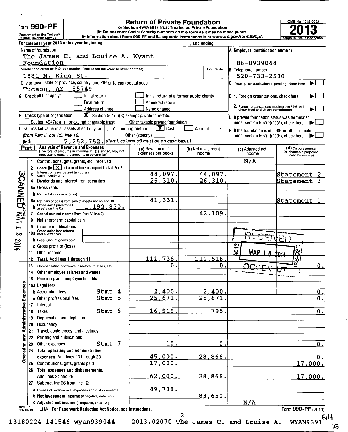 Image of first page of 2013 Form 990PF for James C and Louise A Wyant Foundation