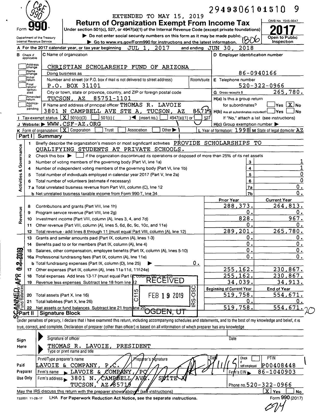 Image of first page of 2017 Form 990 for Christian Scholarship Fund of Arizona