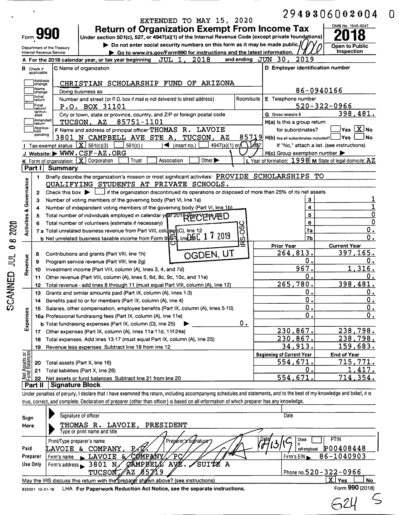 Image of first page of 2018 Form 990 for Christian Scholarship Fund of Arizona