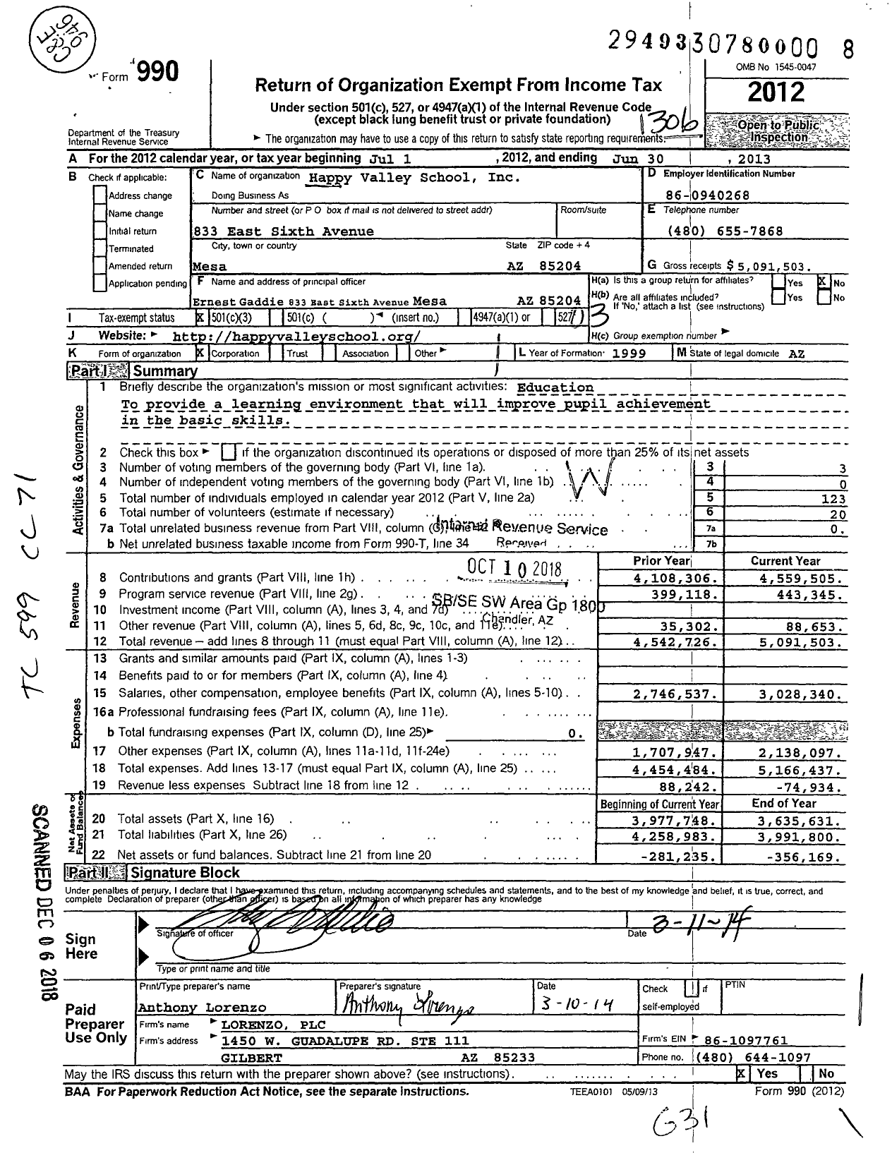 Image of first page of 2012 Form 990 for Happy Valley School
