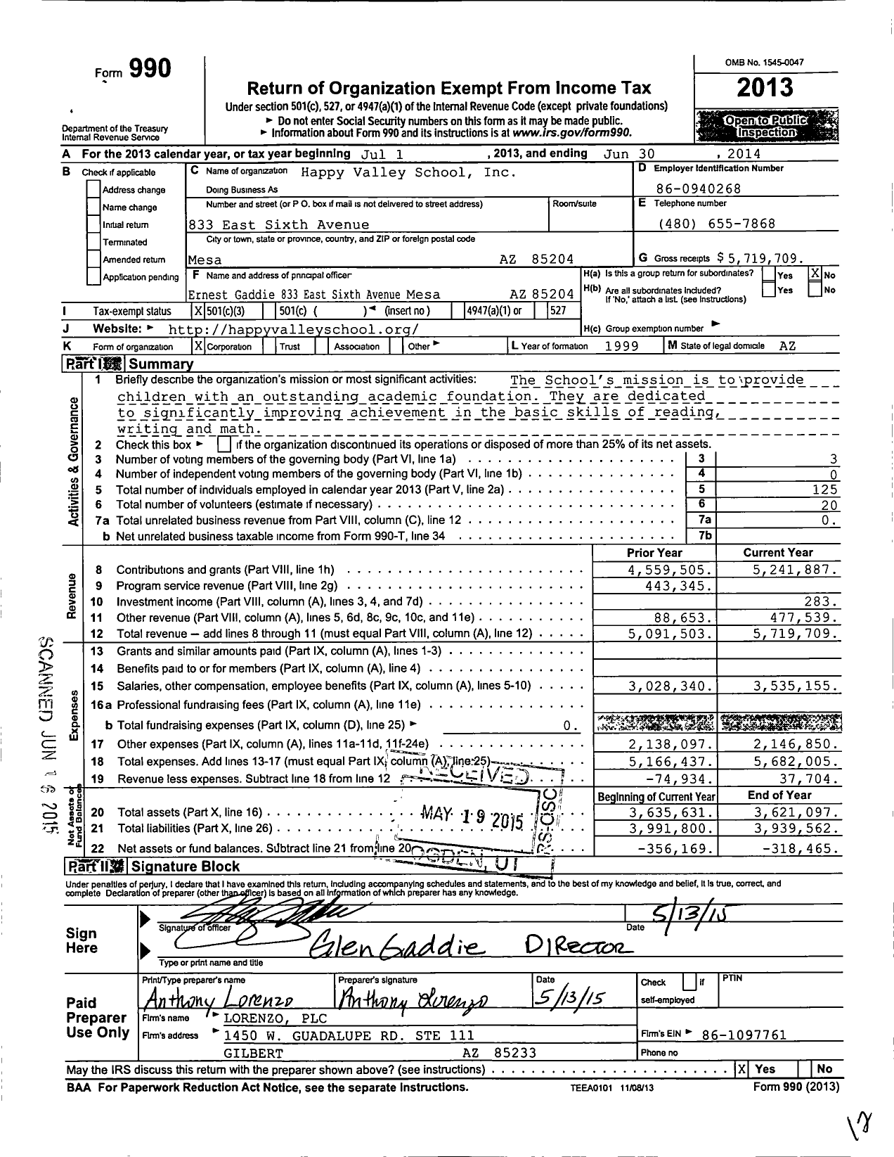 Image of first page of 2013 Form 990 for Happy Valley School