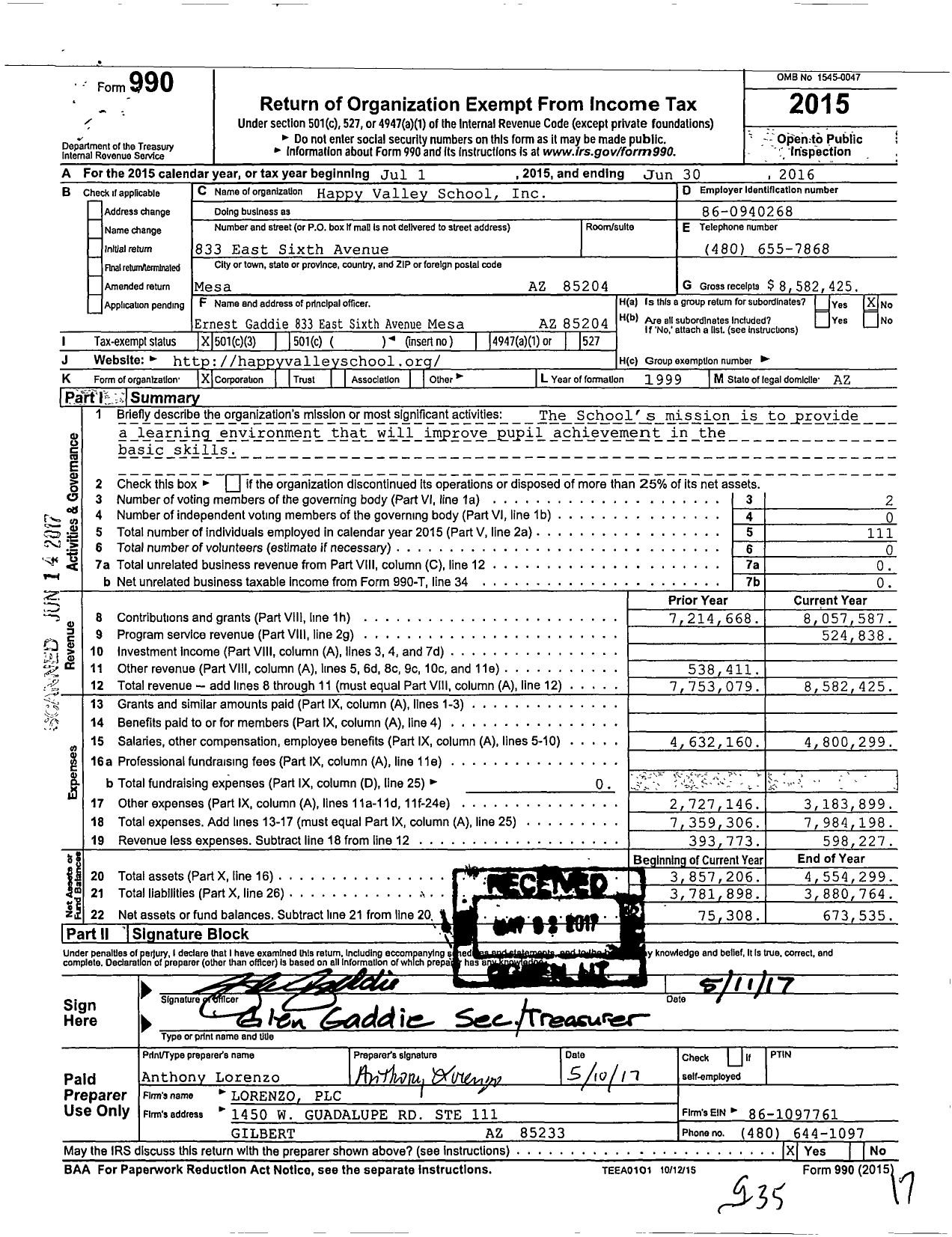 Image of first page of 2015 Form 990 for Happy Valley School