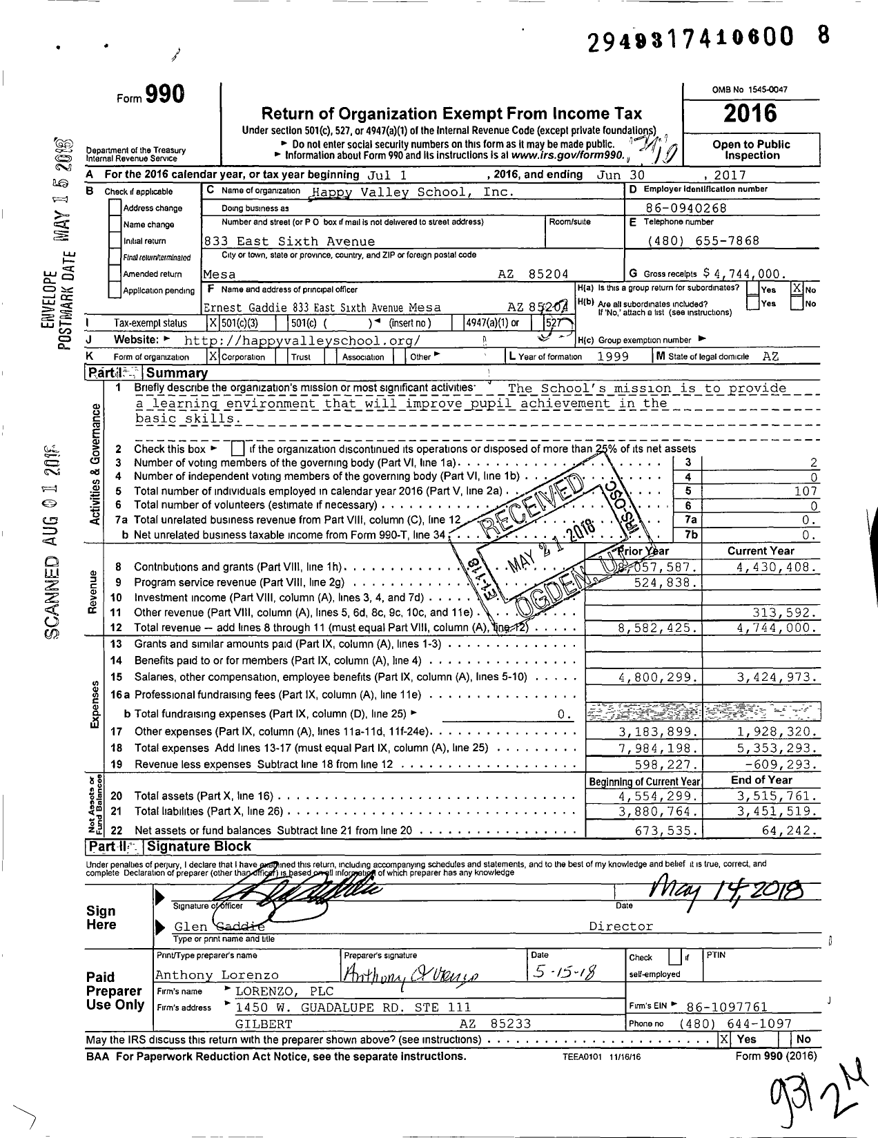 Image of first page of 2016 Form 990 for Happy Valley School