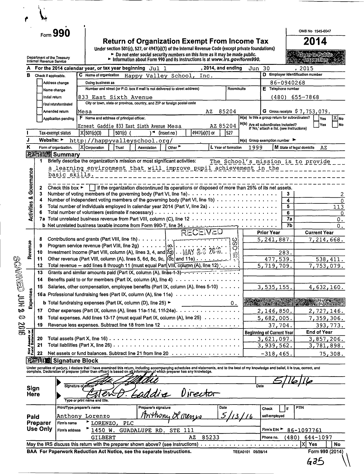 Image of first page of 2014 Form 990 for Happy Valley School