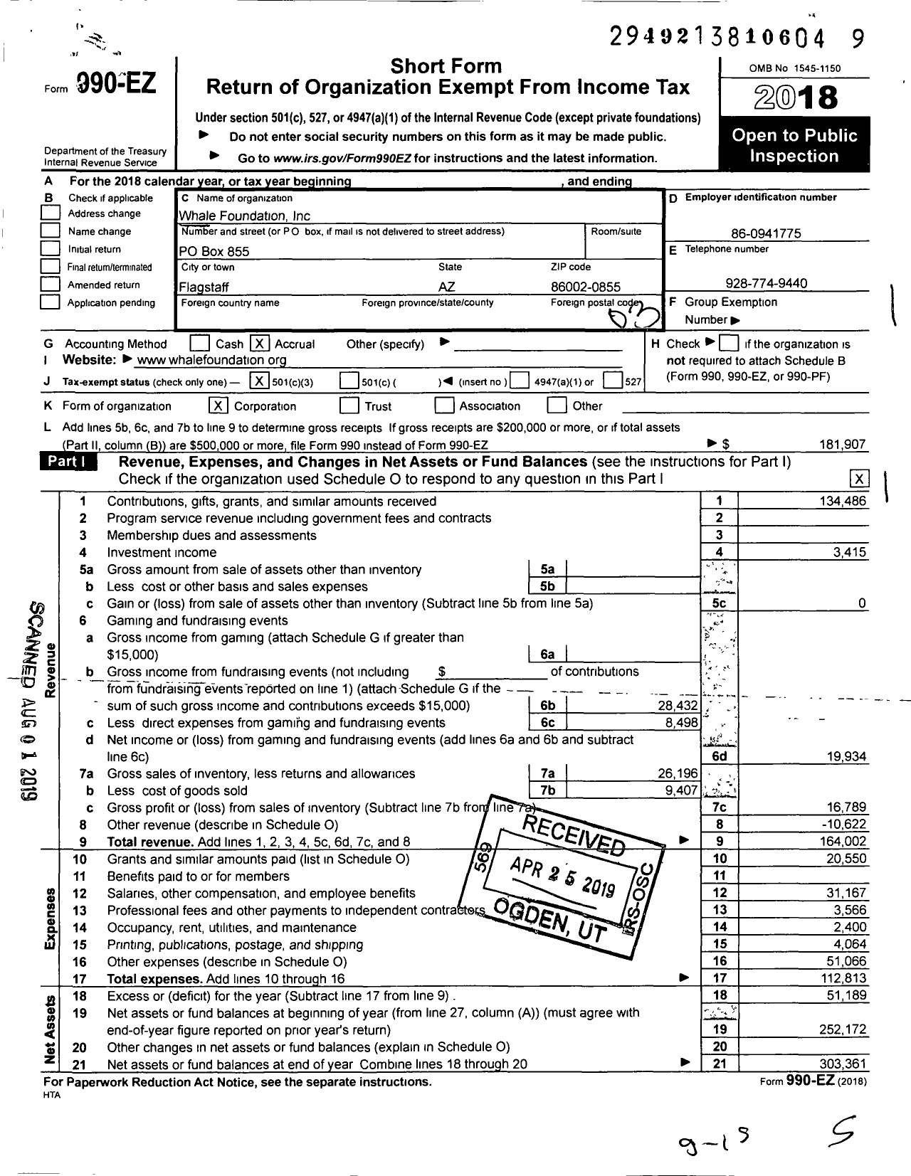 Image of first page of 2018 Form 990EZ for Whale Foundation