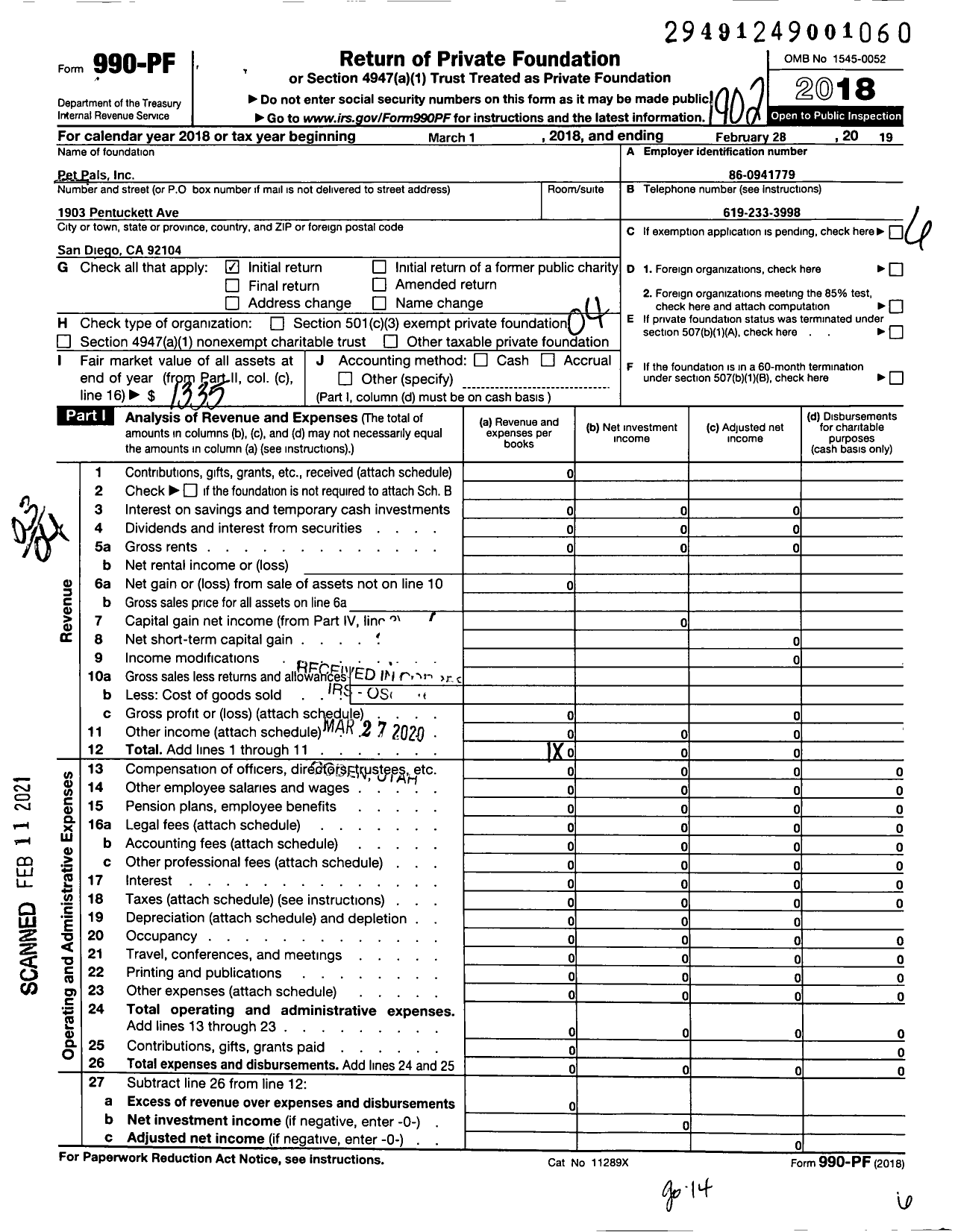 Image of first page of 2018 Form 990PF for Pet Pals