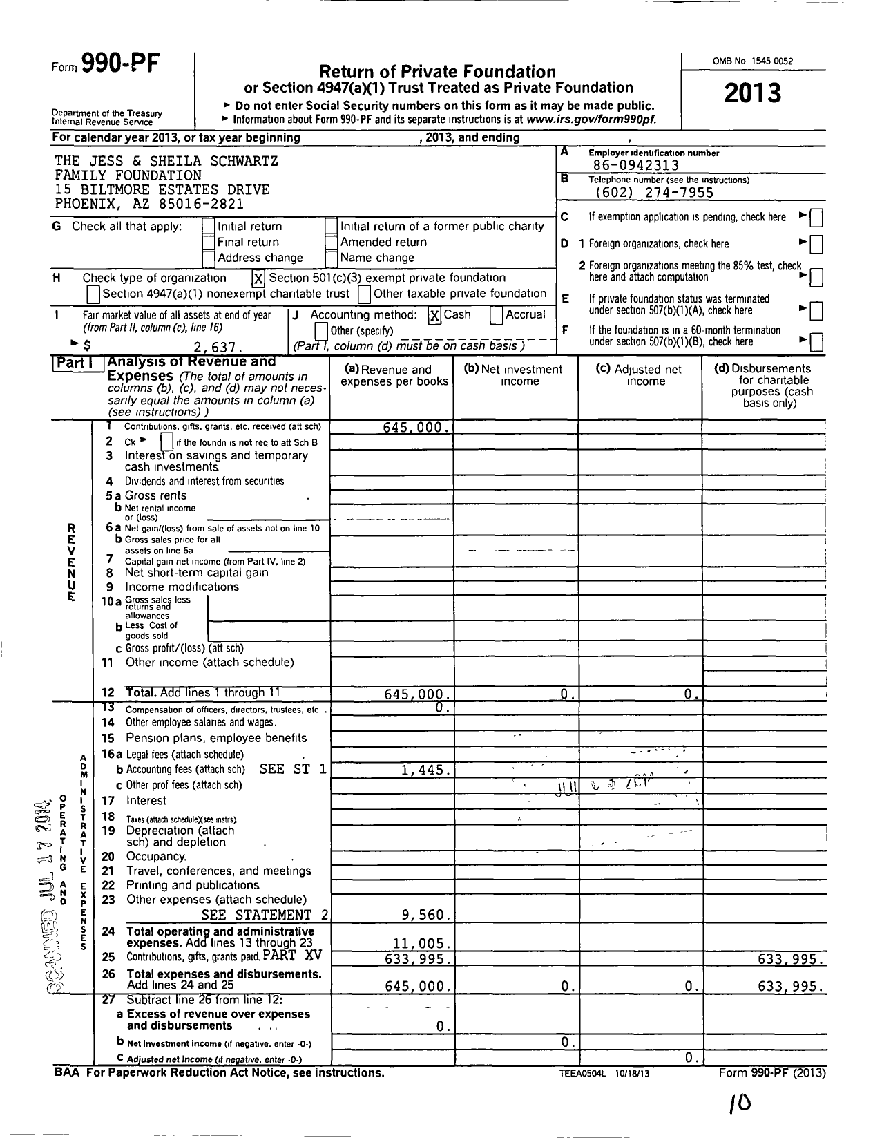 Image of first page of 2013 Form 990PF for The Jess and Sheila Schwartz Family Foundation