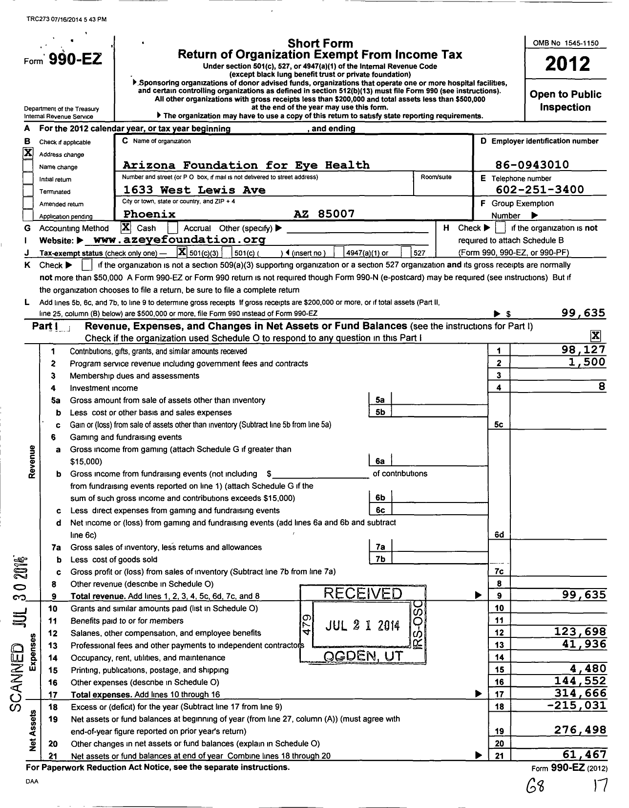 Image of first page of 2012 Form 990EZ for Arizona Foundation for Eye Health