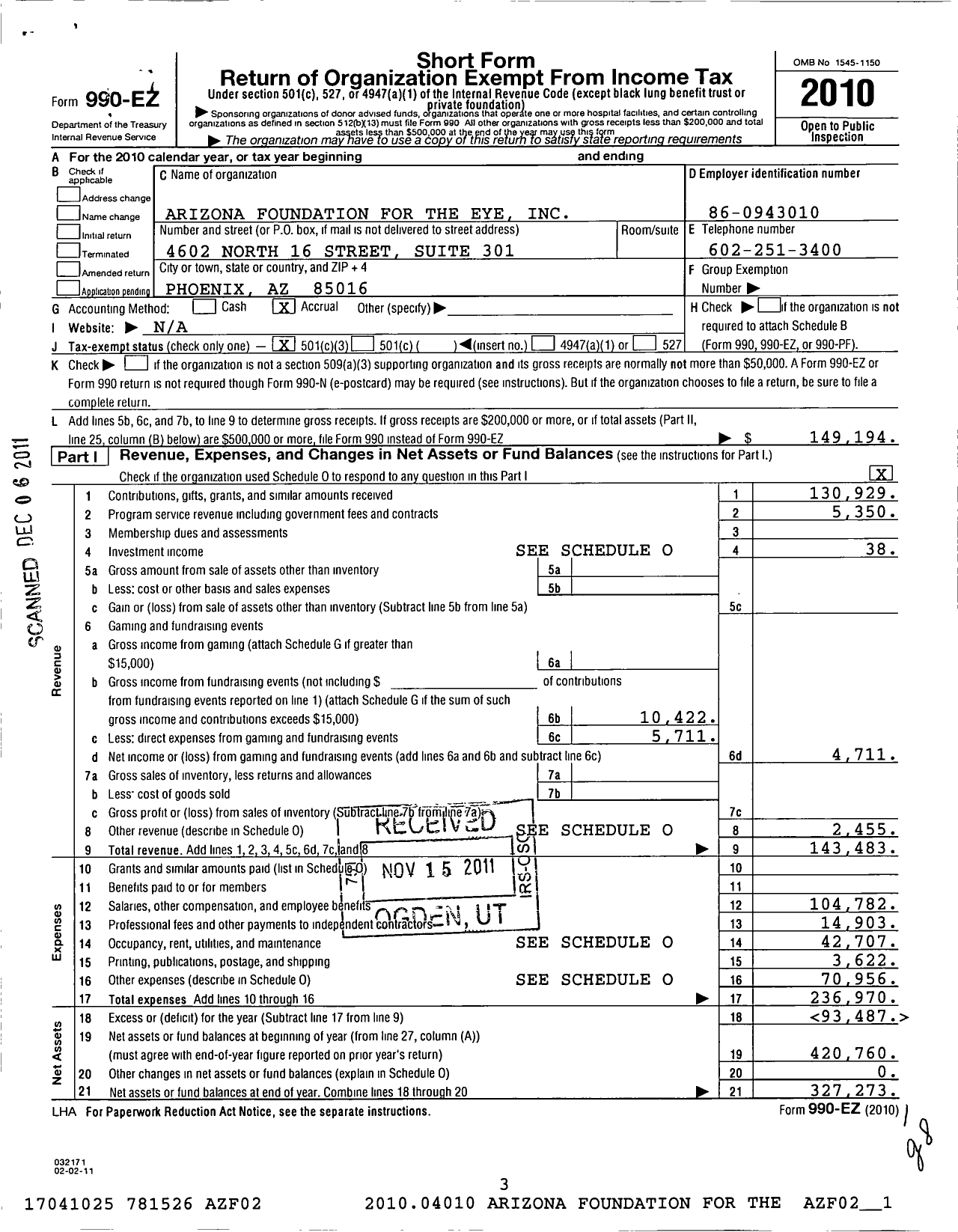 Image of first page of 2010 Form 990EZ for Arizona Foundation for Eye Health