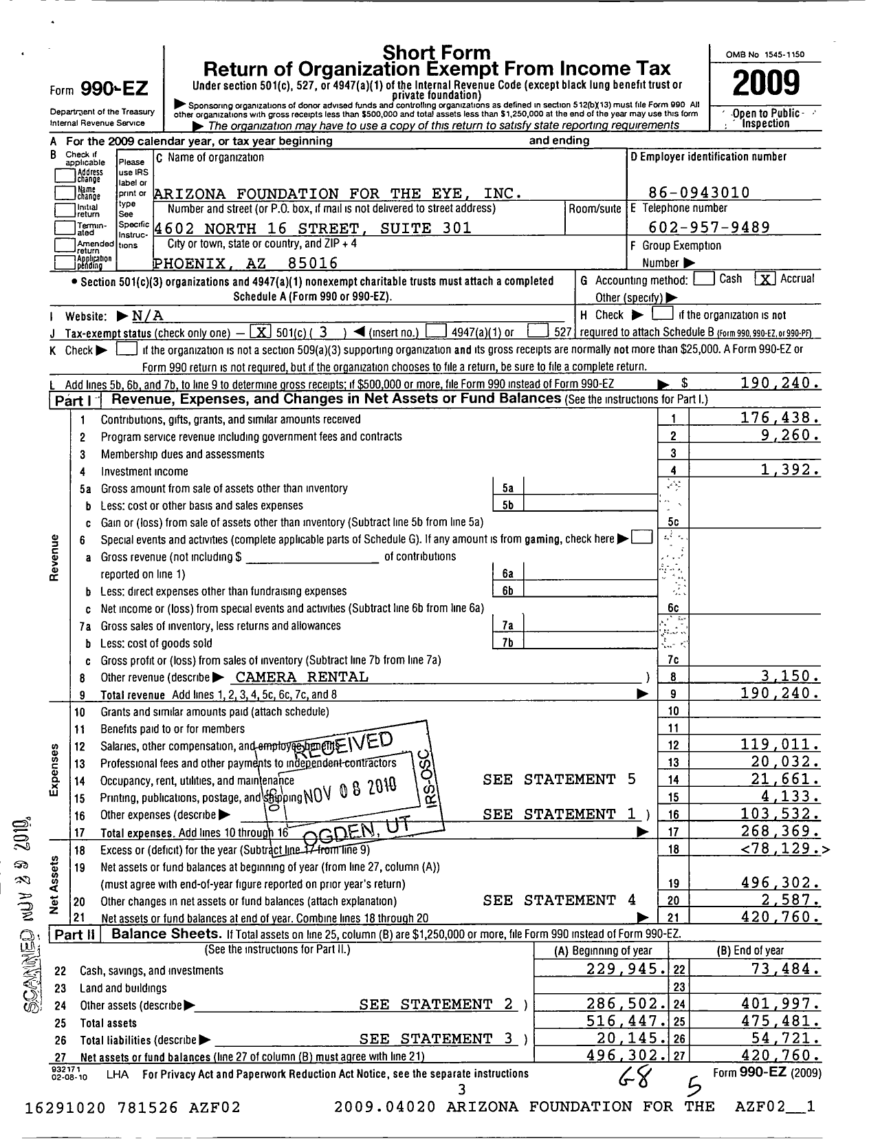 Image of first page of 2009 Form 990EZ for Arizona Foundation for Eye Health