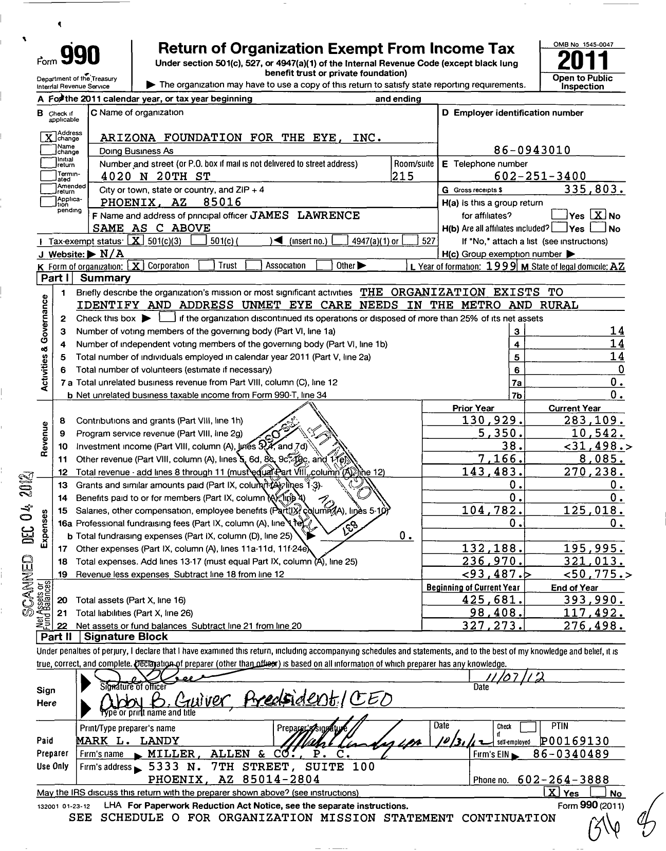 Image of first page of 2011 Form 990 for Arizona Foundation for Eye Health