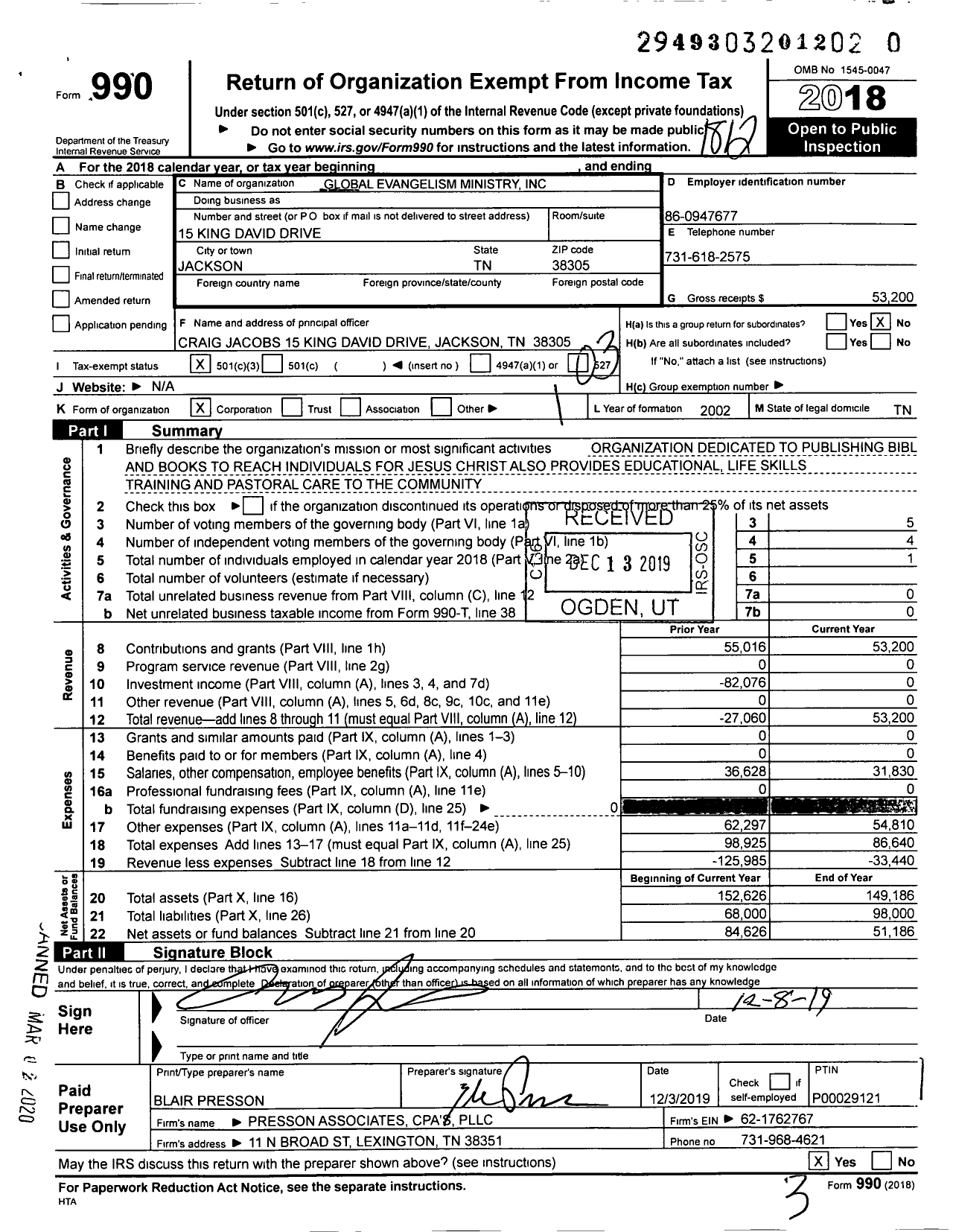 Image of first page of 2018 Form 990 for Global Evangelism Ministry