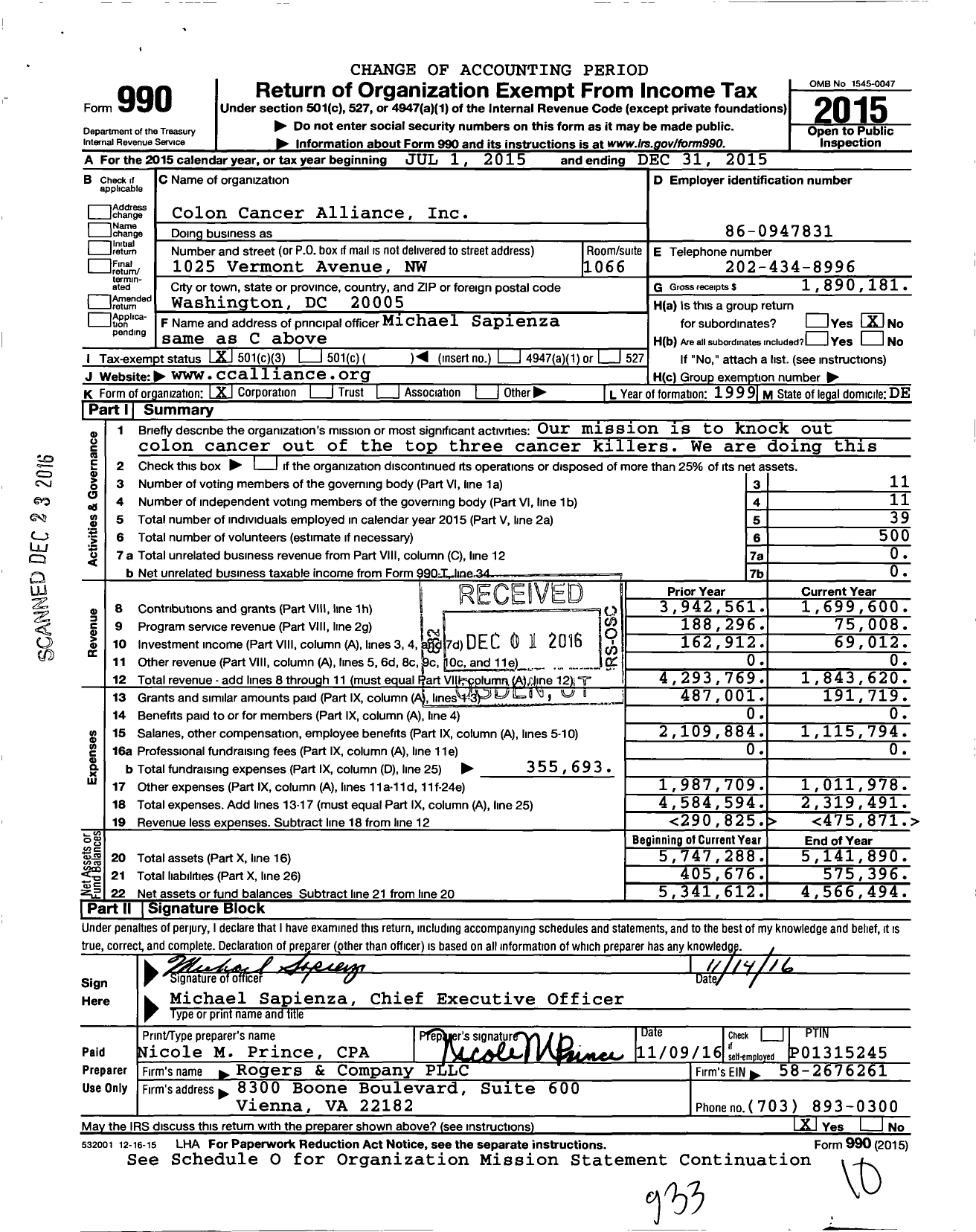 Image of first page of 2015 Form 990 for Colorectal Cancer Alliance (CCA)