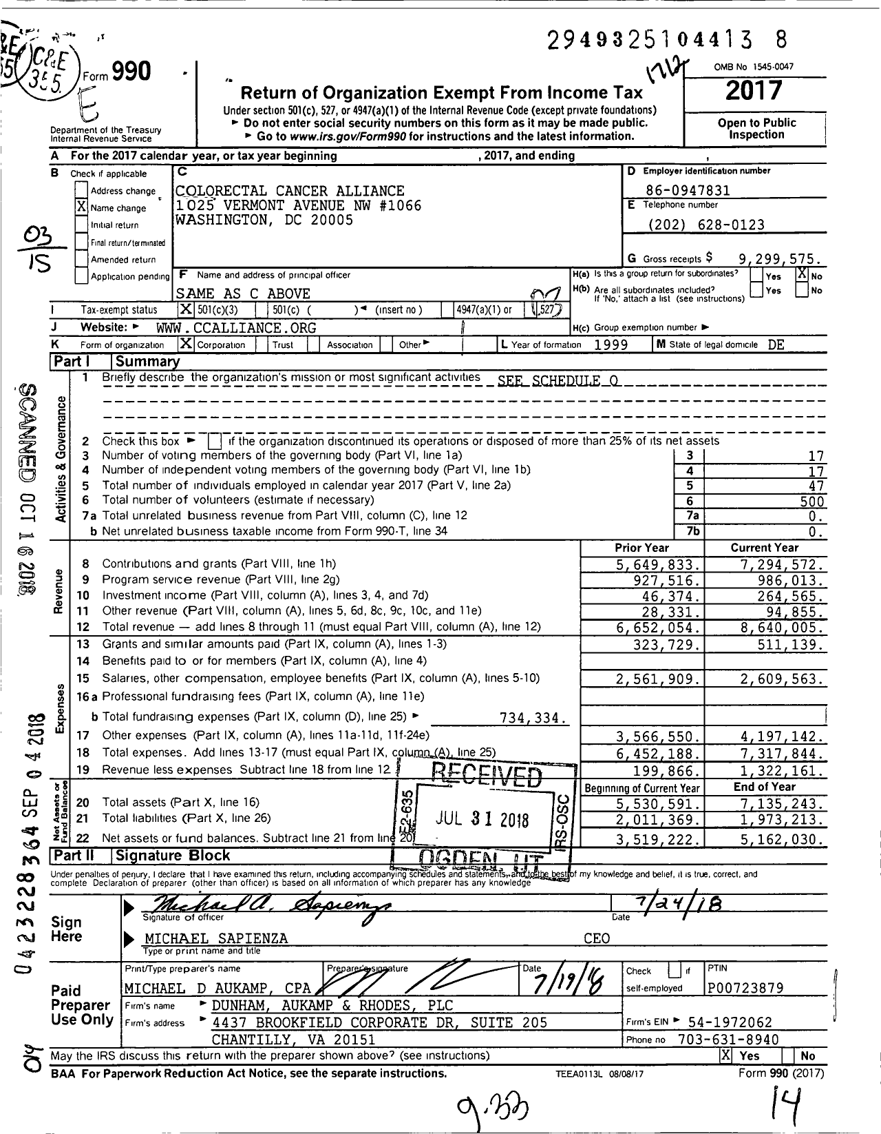 Image of first page of 2017 Form 990 for Colorectal Cancer Alliance (CCA)