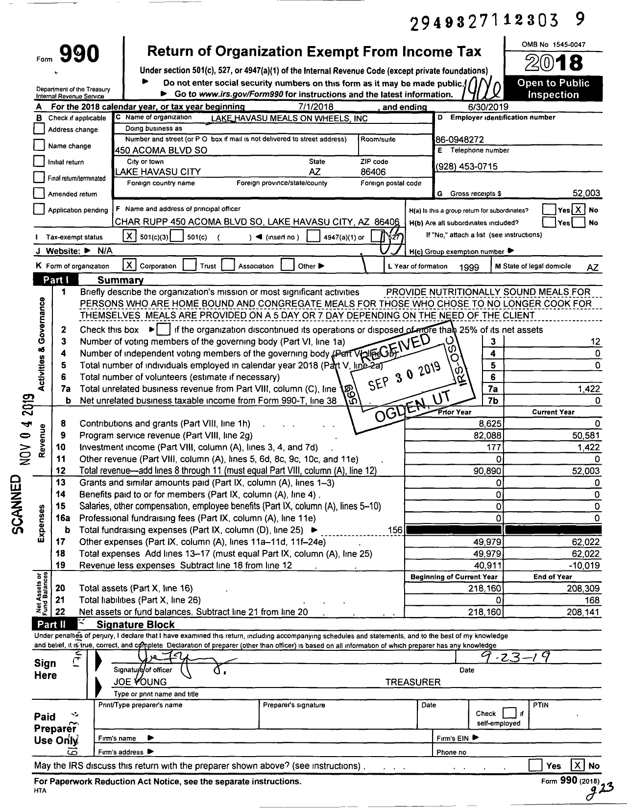 Image of first page of 2018 Form 990 for Lake Havasu Meals on Wheels