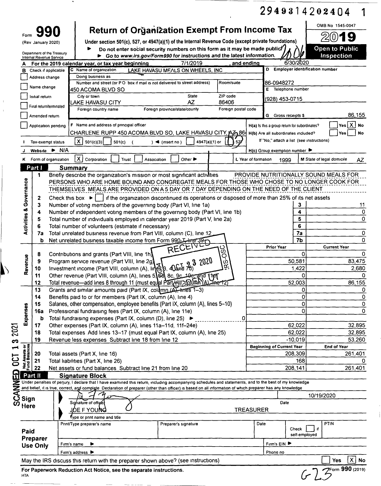 Image of first page of 2019 Form 990 for Lake Havasu Meals on Wheels