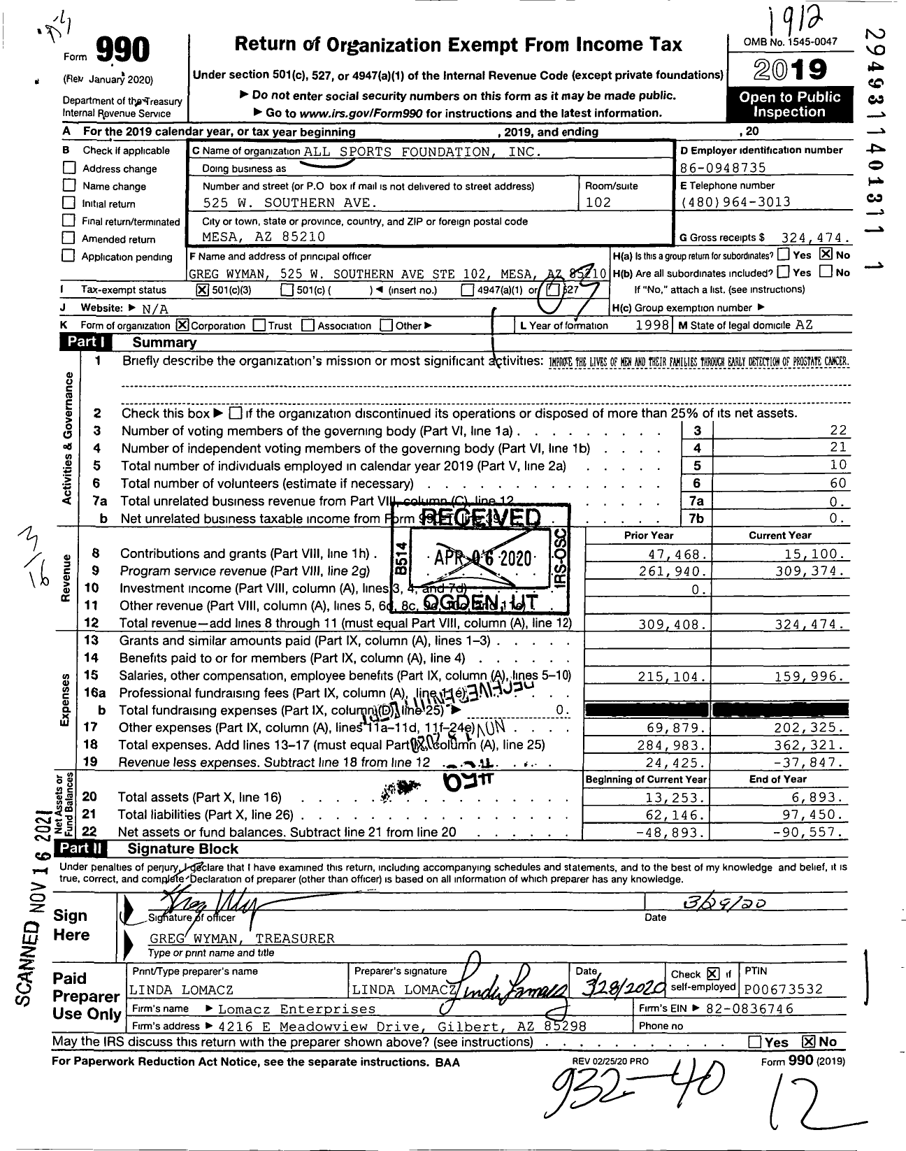 Image of first page of 2019 Form 990 for All Sports Foundation