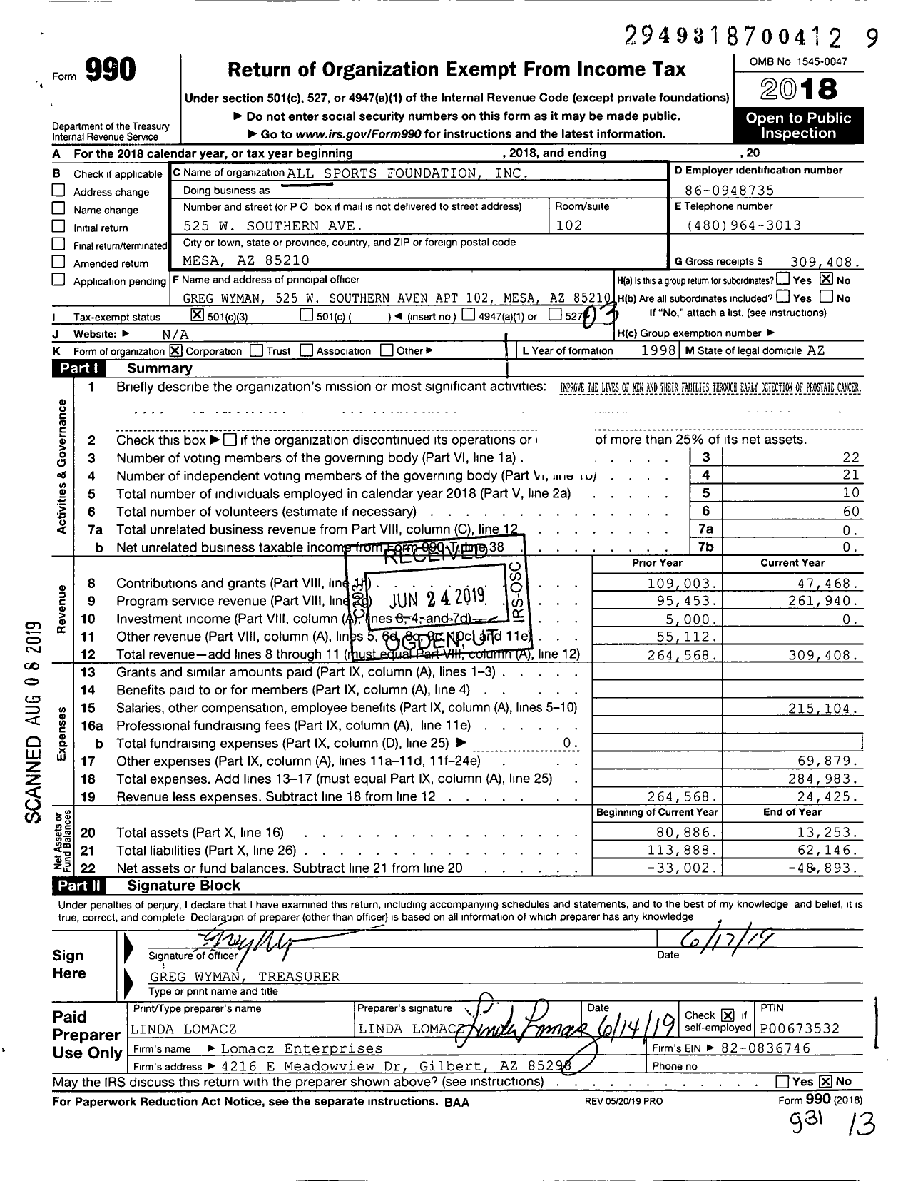 Image of first page of 2018 Form 990 for All Sports Foundation