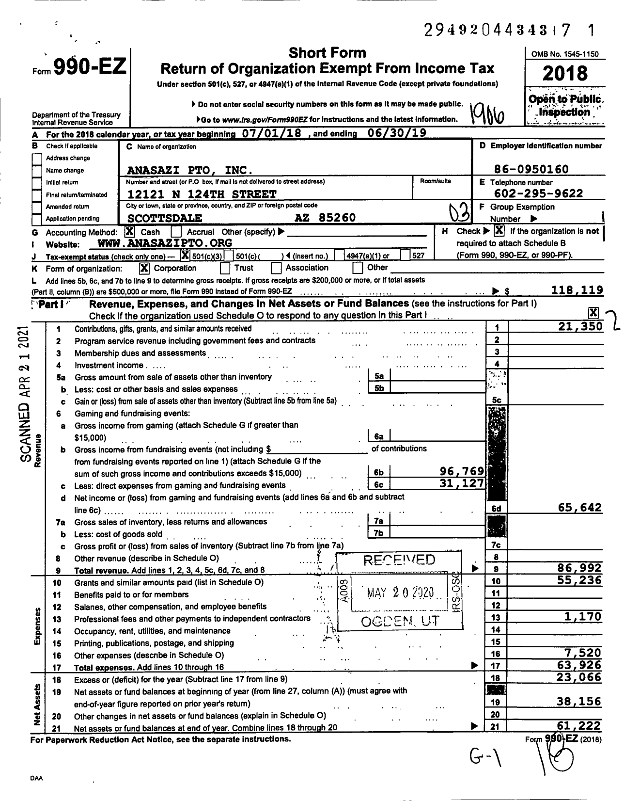 Image of first page of 2018 Form 990EZ for Anasazi PTO