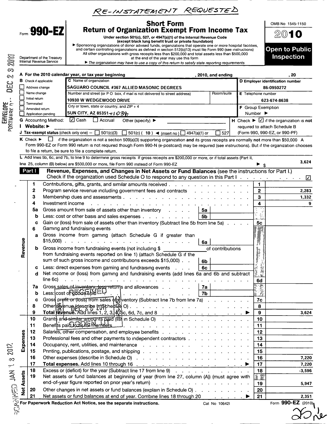 Image of first page of 2010 Form 990EO for Allied Masonic Degress 367 Saguaro Council