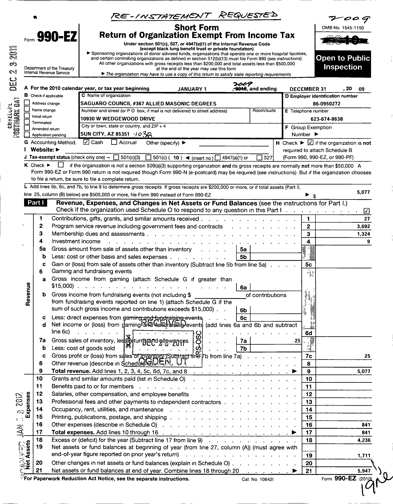 Image of first page of 2009 Form 990EO for Allied Masonic Degress 367 Saguaro Council