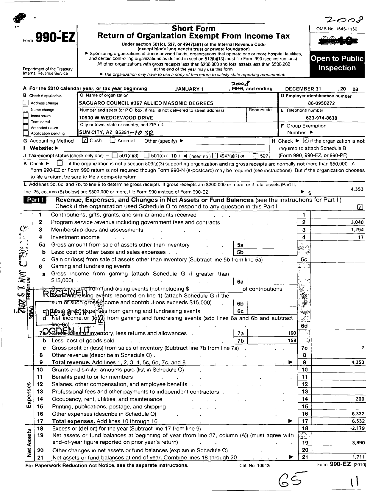 Image of first page of 2008 Form 990EO for Allied Masonic Degress 367 Saguaro Council