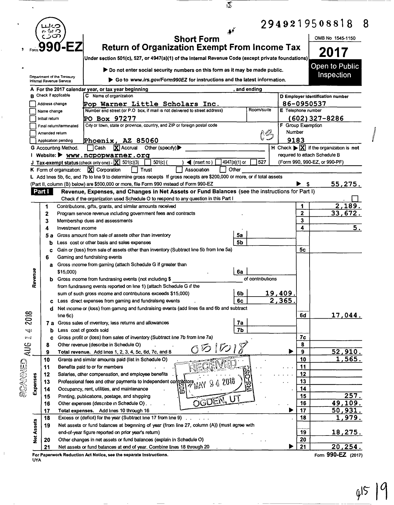 Image of first page of 2017 Form 990EZ for Pop Warner Little Scholars / North Central Pop Warner Football