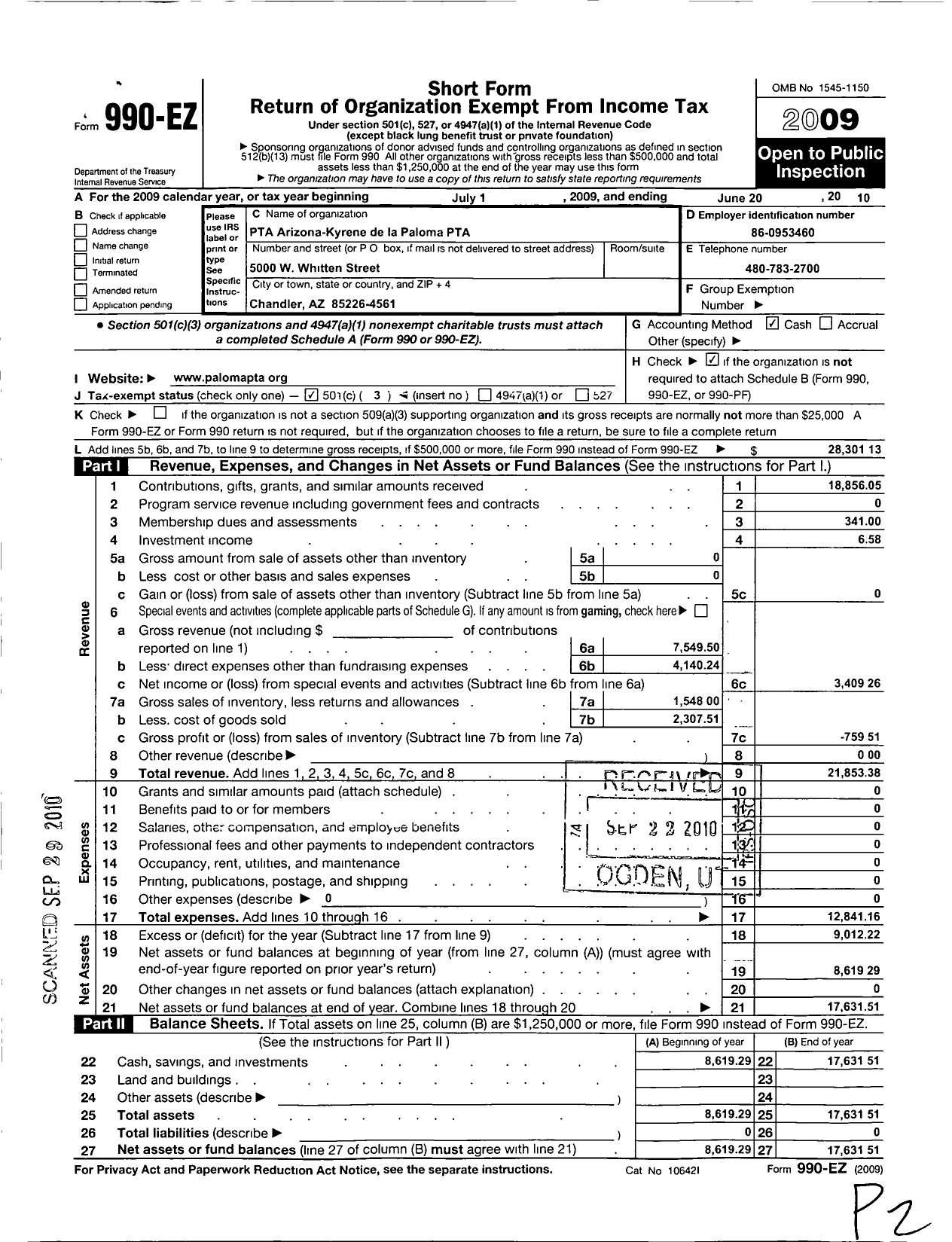 Image of first page of 2009 Form 990EZ for PTA Arizona Congress of Parents and Teachers / Kyrene de La Paloma PTA