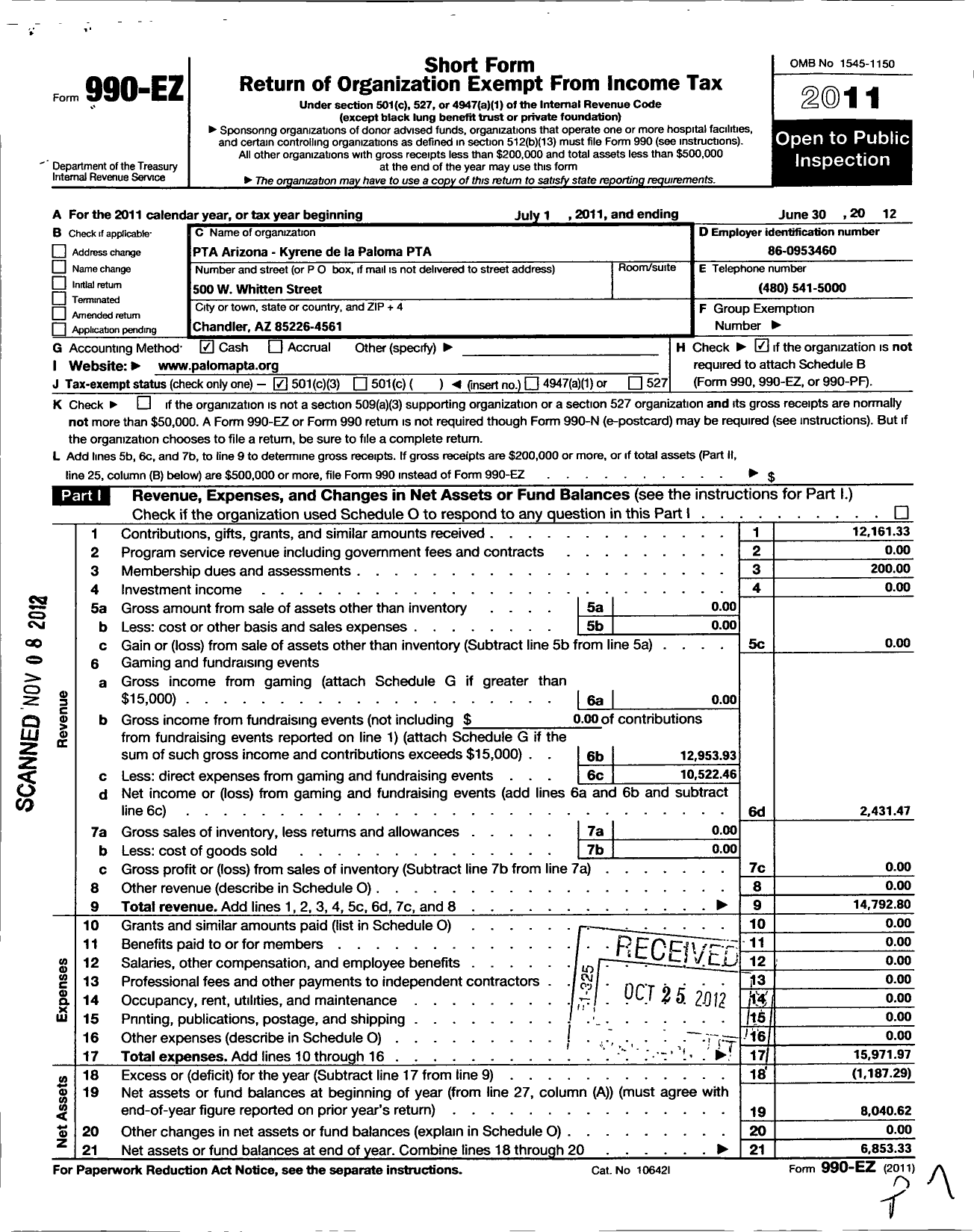 Image of first page of 2011 Form 990EZ for PTA Arizona Congress of Parents and Teachers / Kyrene de La Paloma PTA