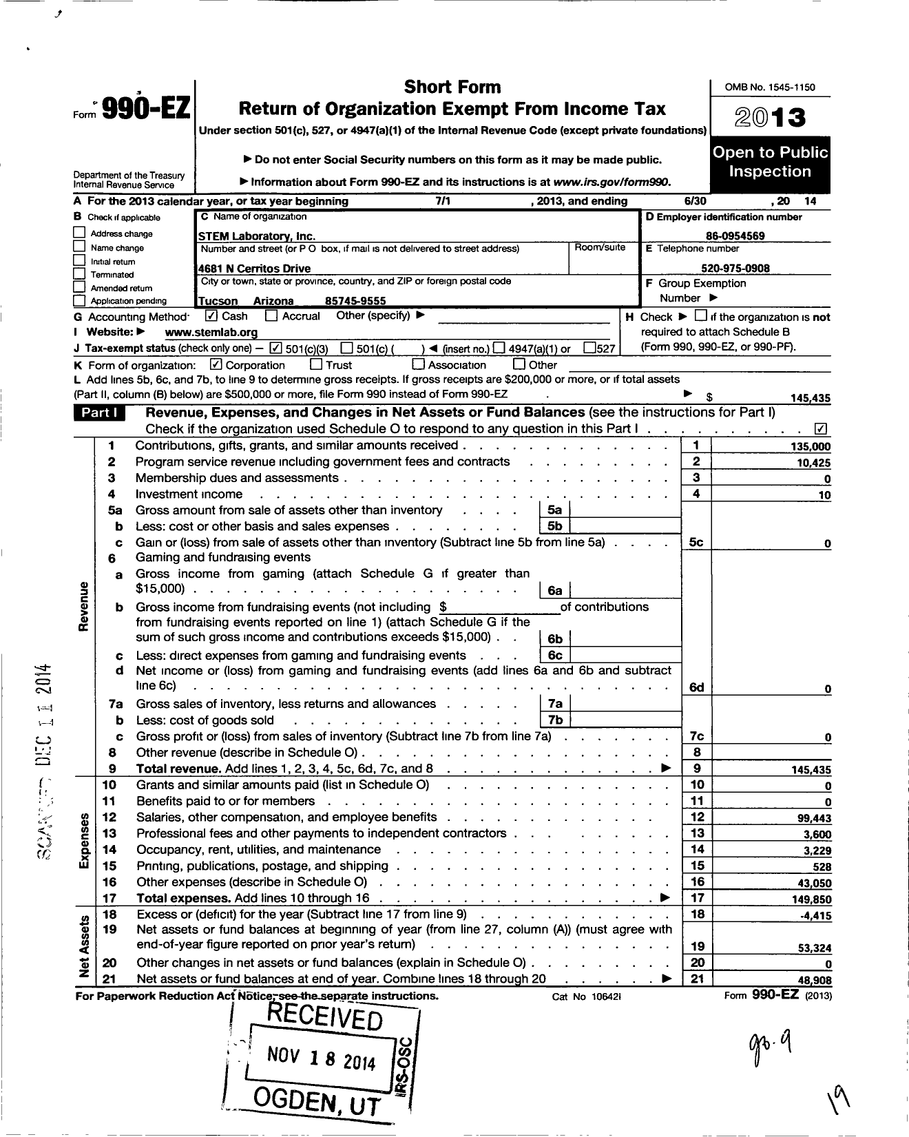 Image of first page of 2013 Form 990EZ for Stem Laboratory