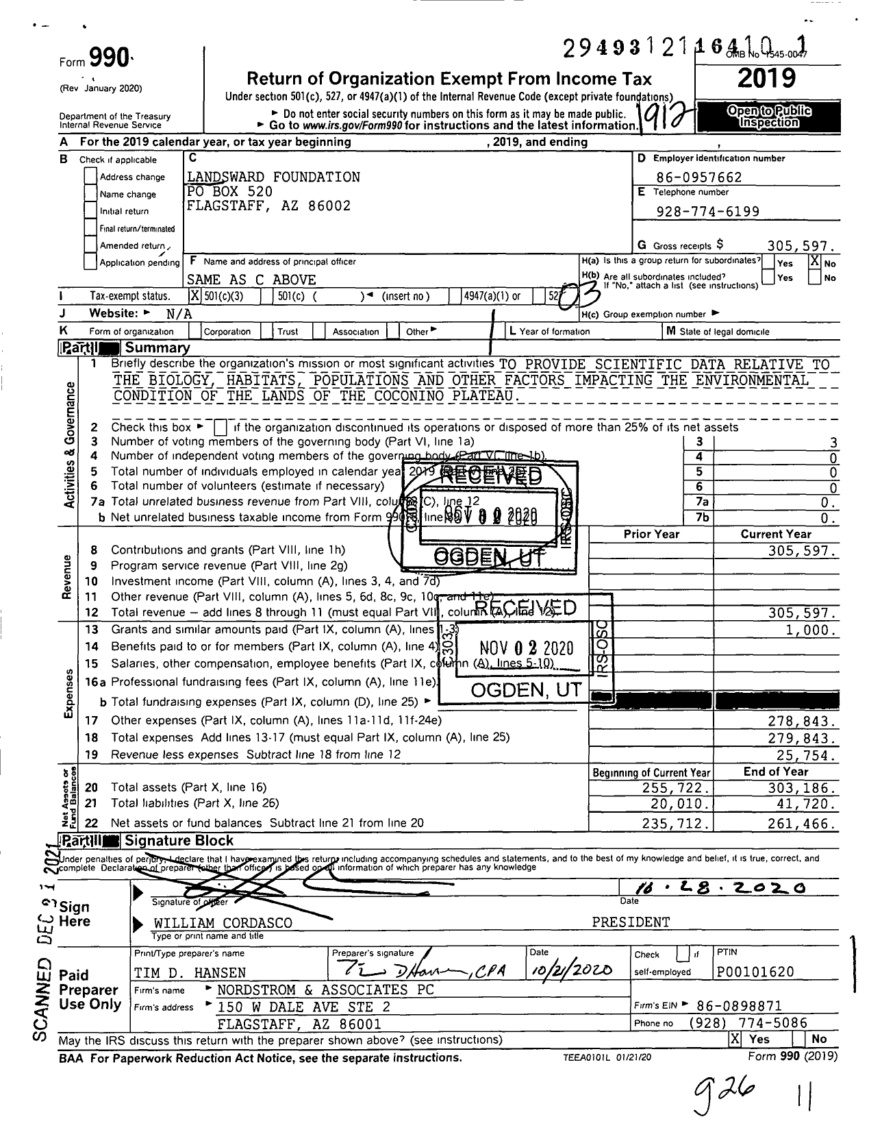 Image of first page of 2019 Form 990 for Landsward Foundation