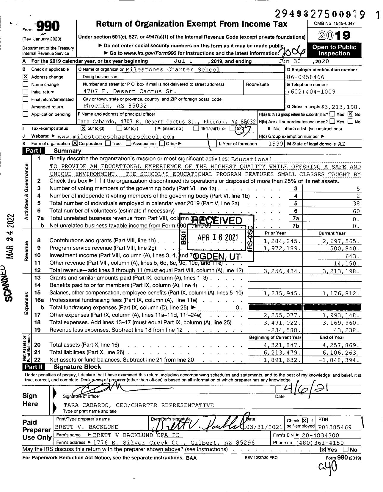 Image of first page of 2019 Form 990 for Milestones Charter School