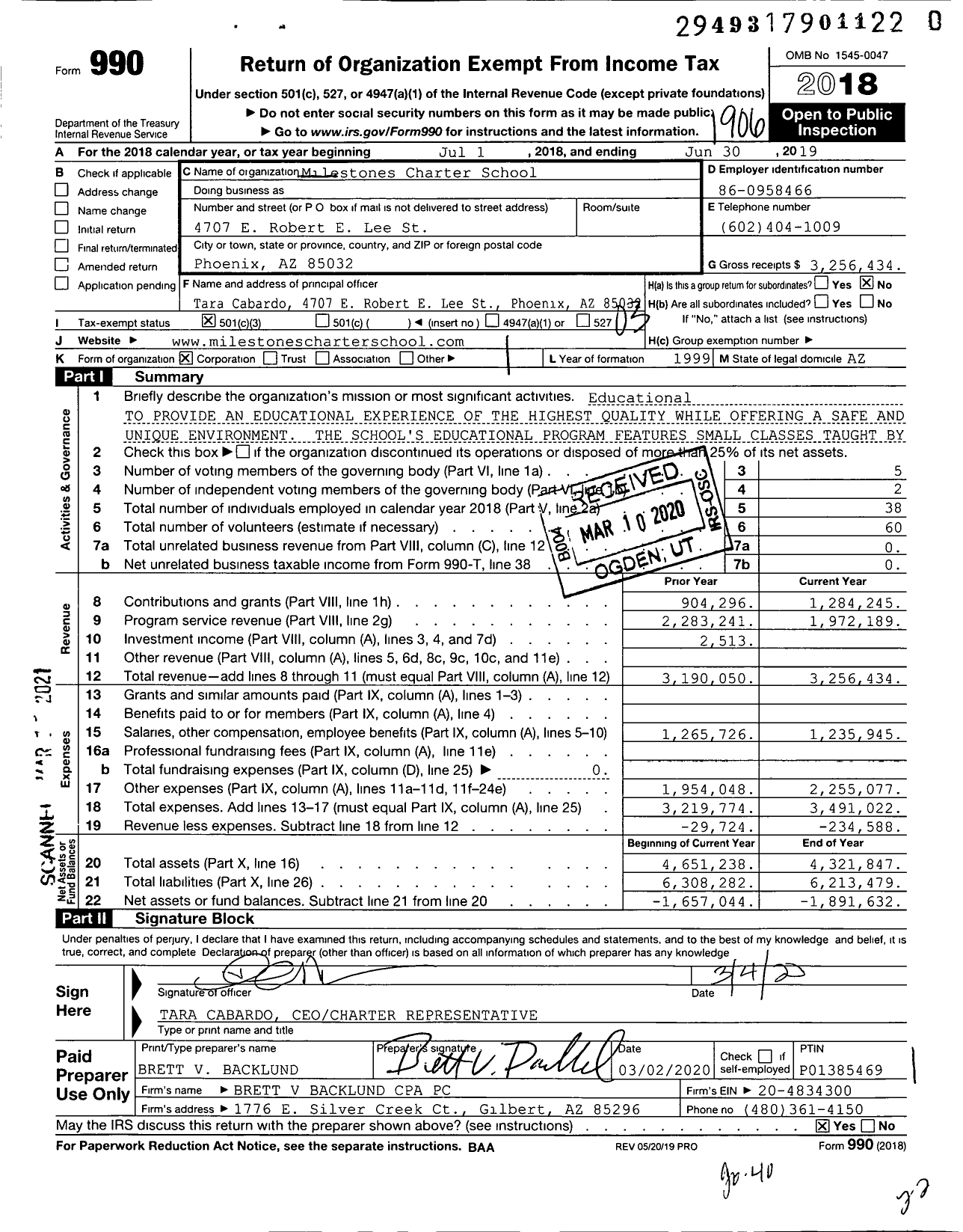 Image of first page of 2018 Form 990 for Milestones Charter School