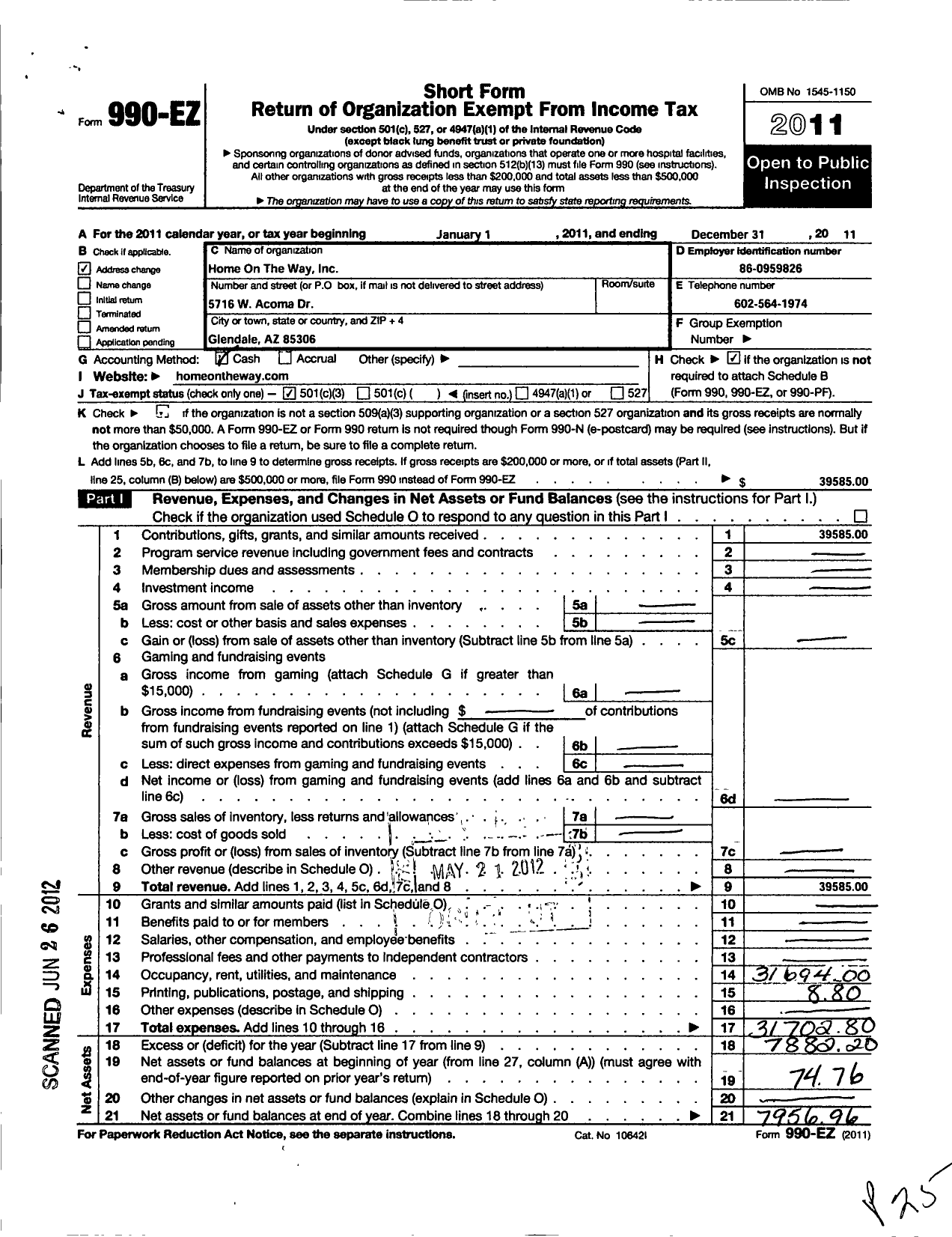 Image of first page of 2011 Form 990EZ for Home on the Way