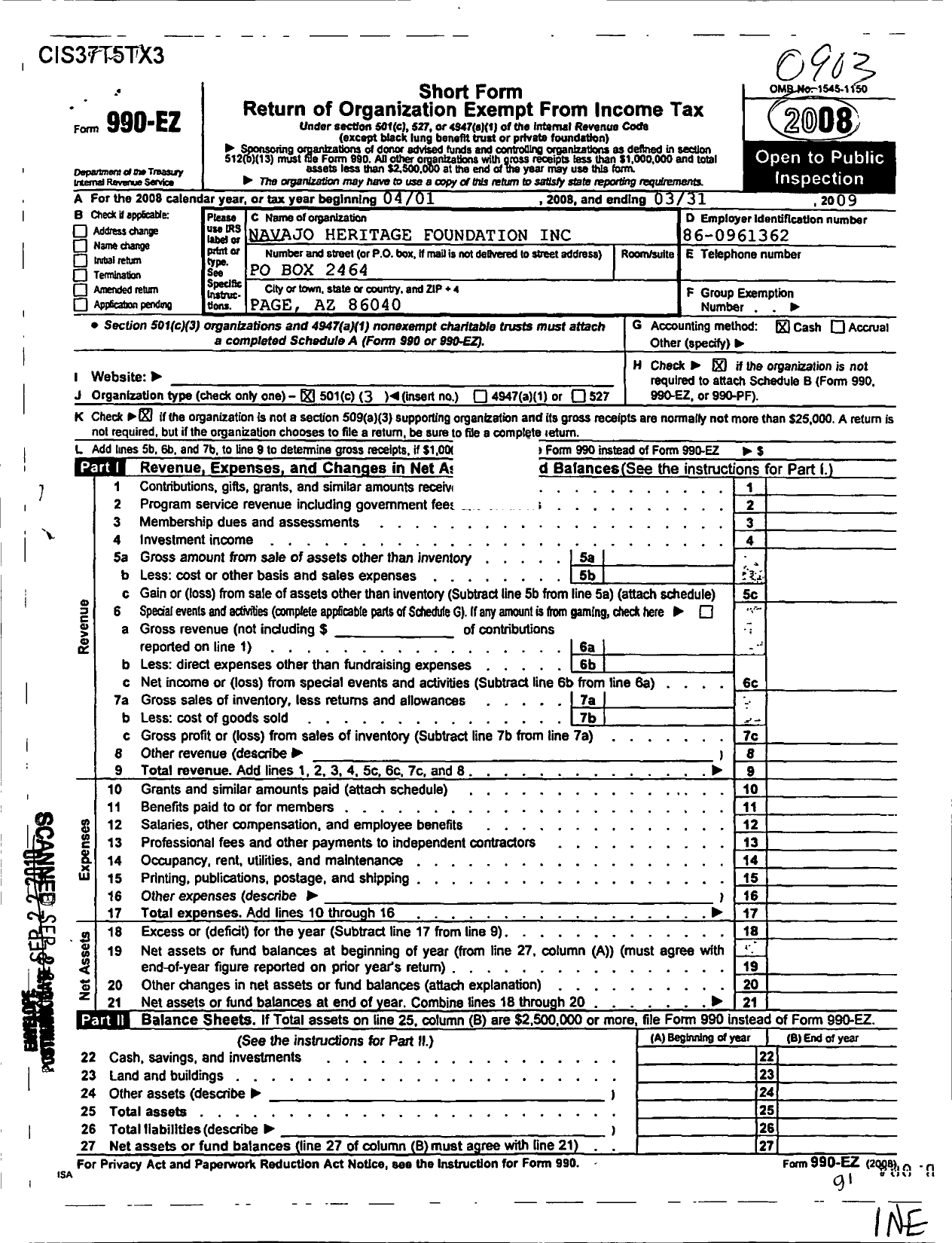 Image of first page of 2008 Form 990EZ for Aka Navajo Heritage Foundation
