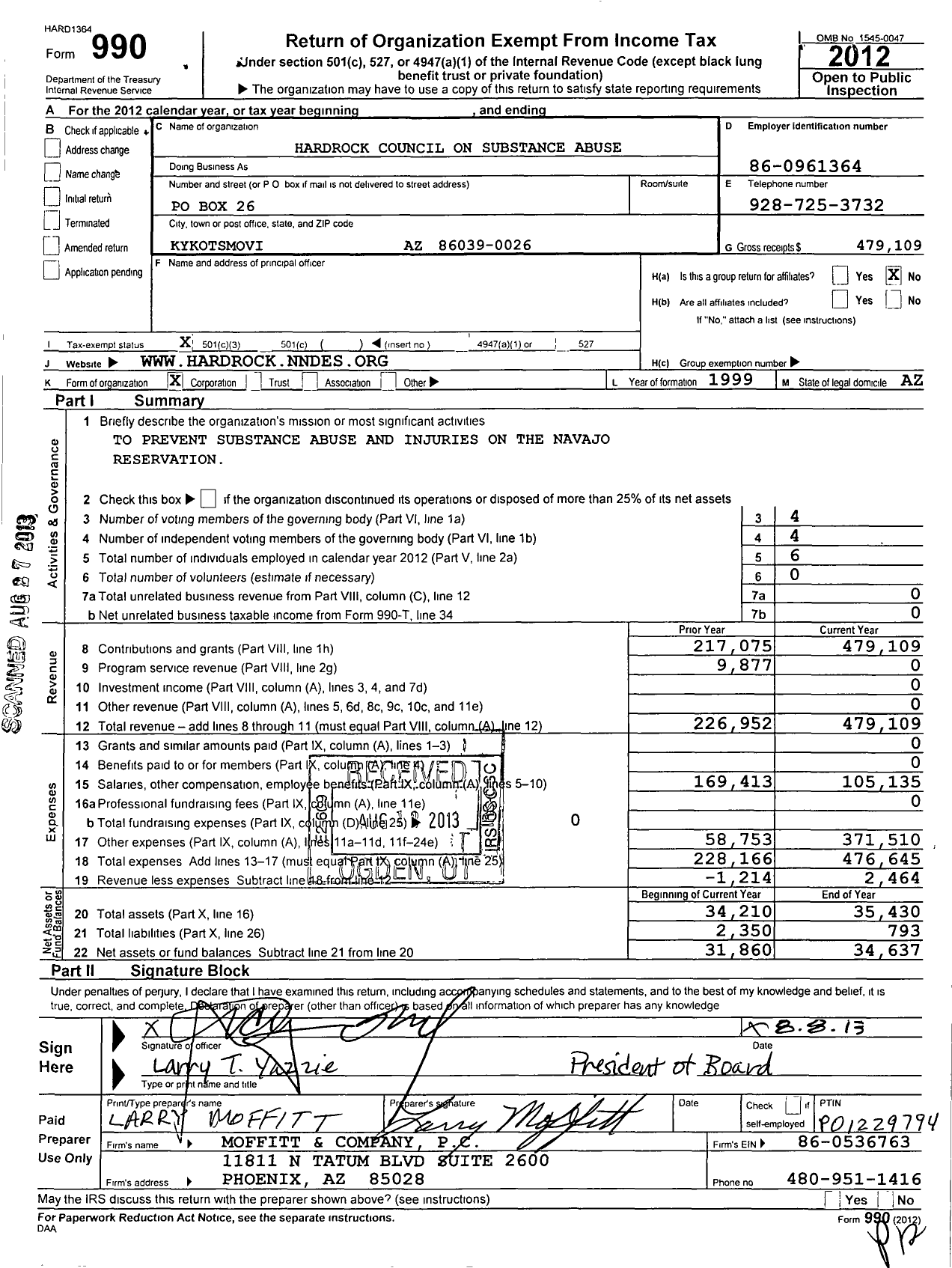 Image of first page of 2012 Form 990 for Hardrock Council on Substance Abuse