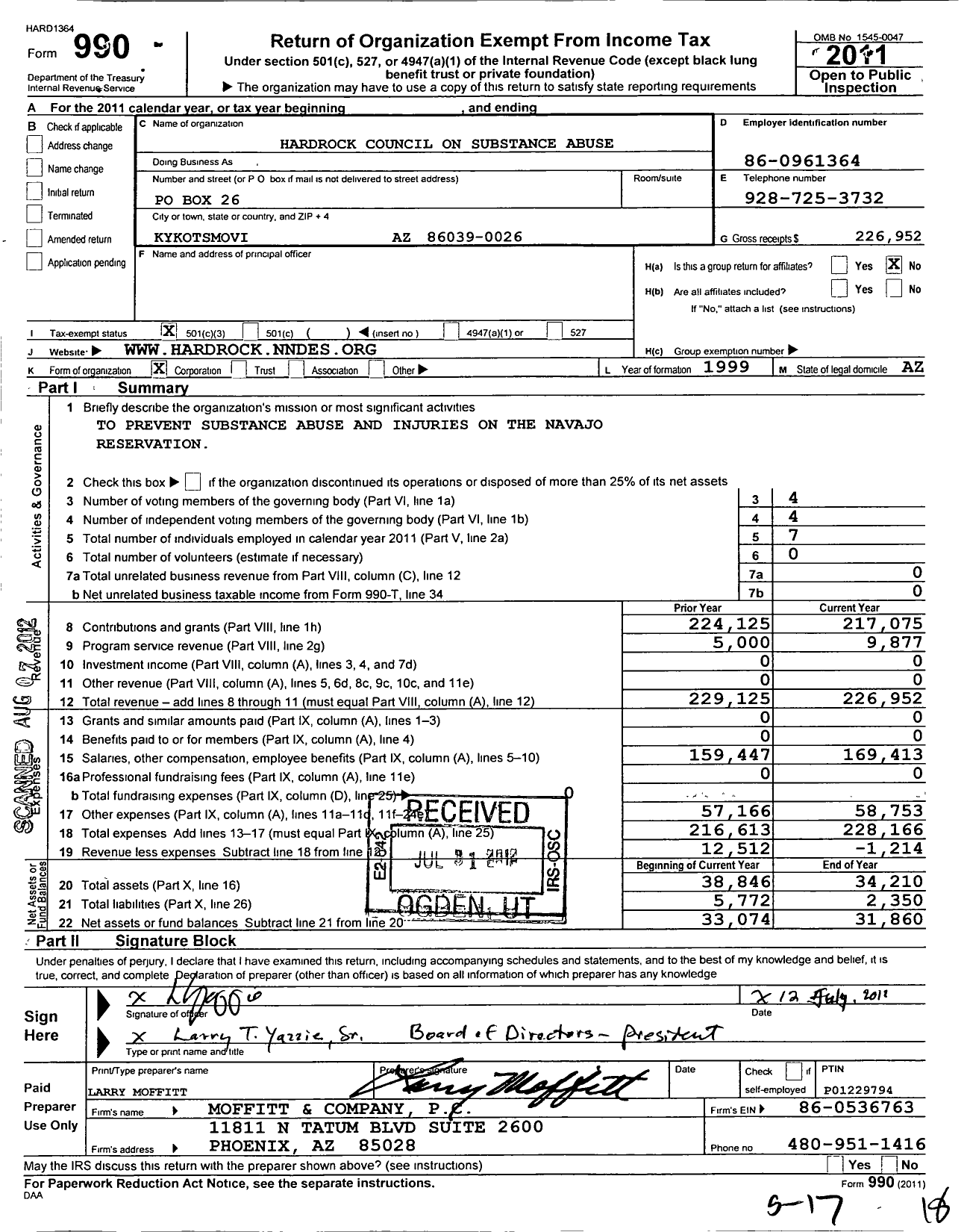 Image of first page of 2011 Form 990 for Hardrock Council on Substance Abuse