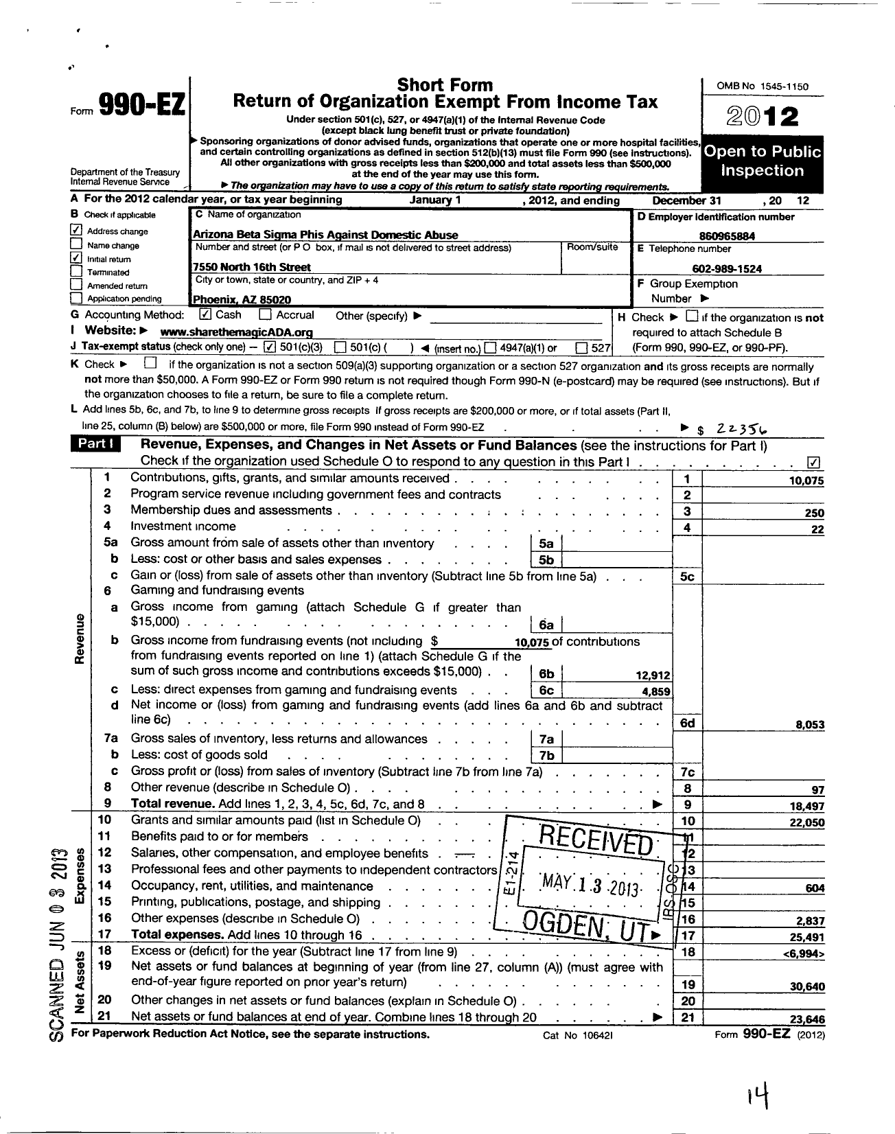 Image of first page of 2012 Form 990EZ for Beta Sigma Phi Against Domestic Abuse