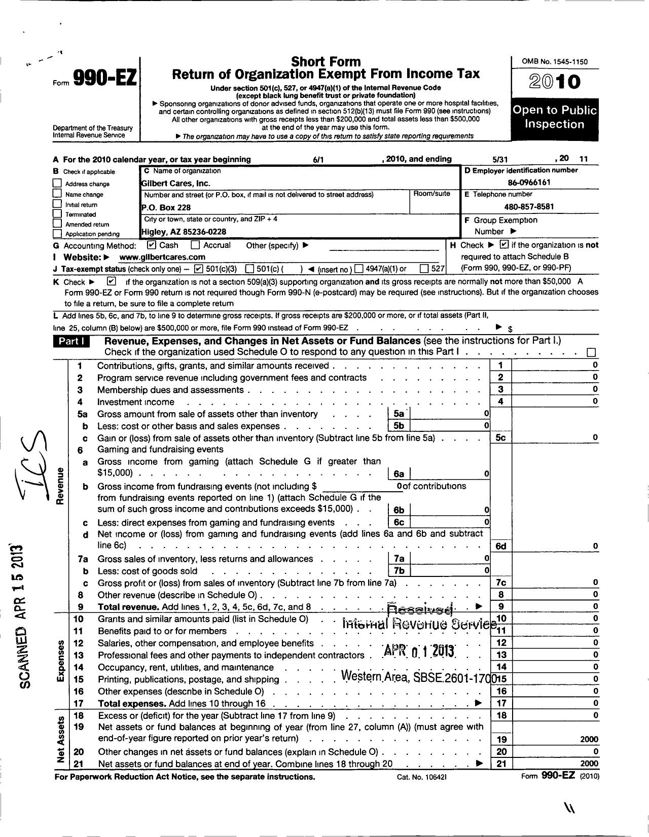Image of first page of 2010 Form 990EZ for Gilbert Cares