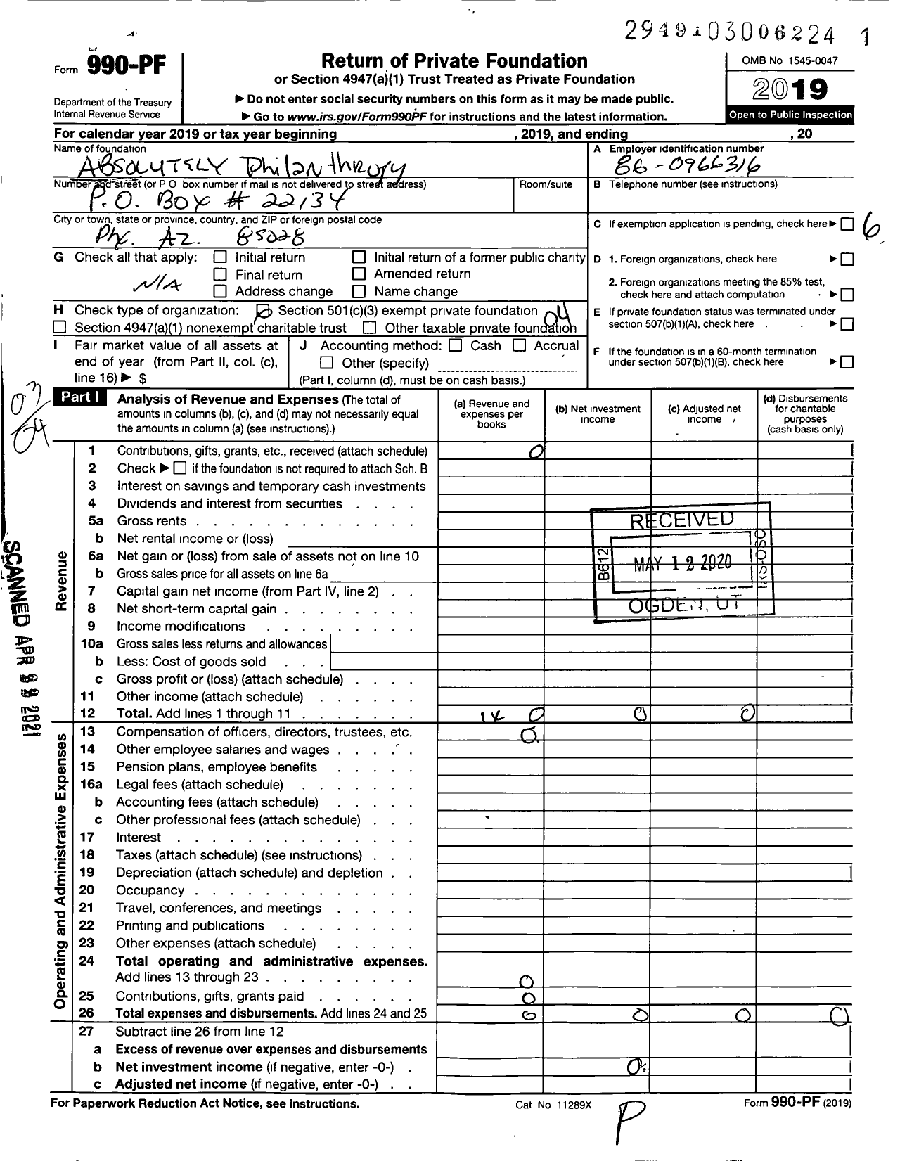 Image of first page of 2019 Form 990PF for Absolutely Philanthropy