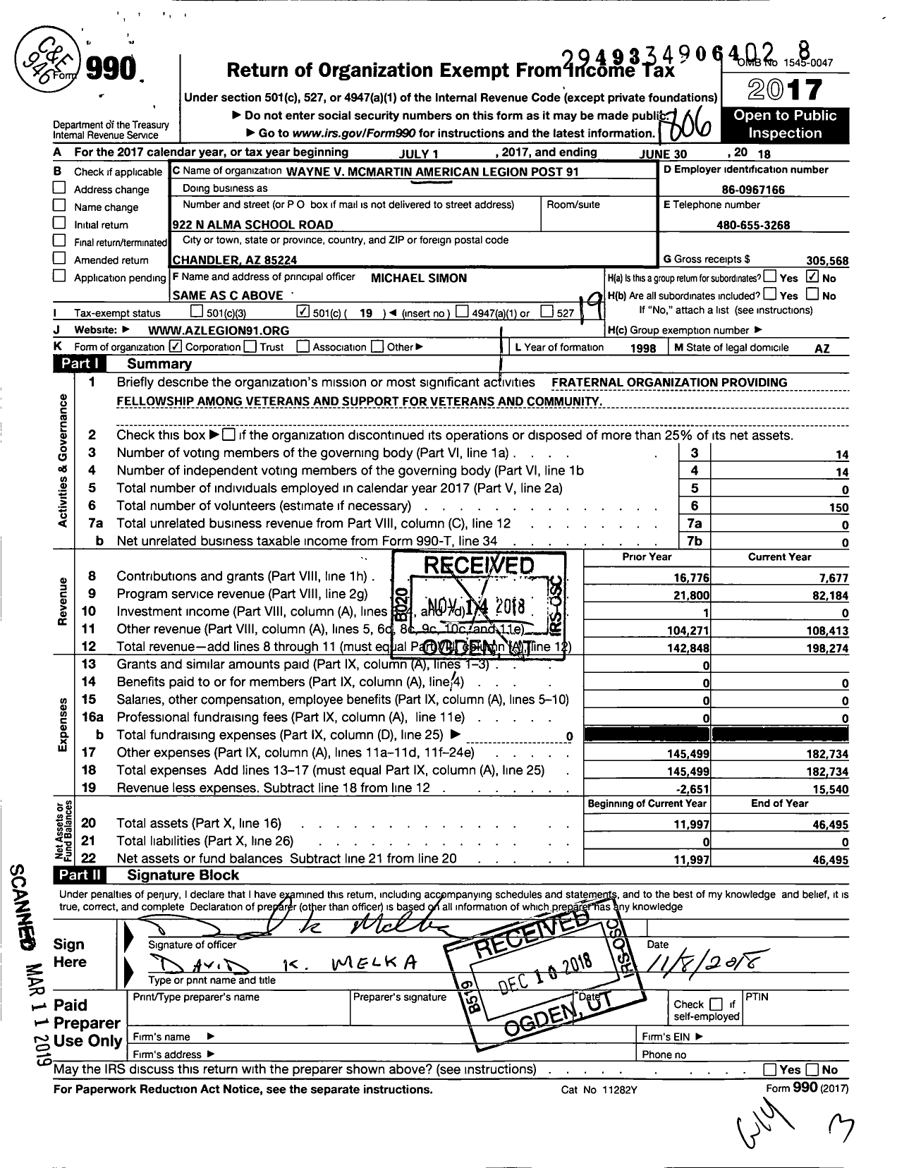 Image of first page of 2017 Form 990O for Wayne V McMartin American Legion Post 91