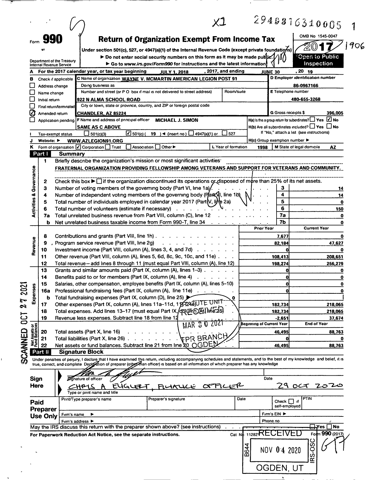Image of first page of 2018 Form 990O for Wayne V McMartin American Legion Post 91