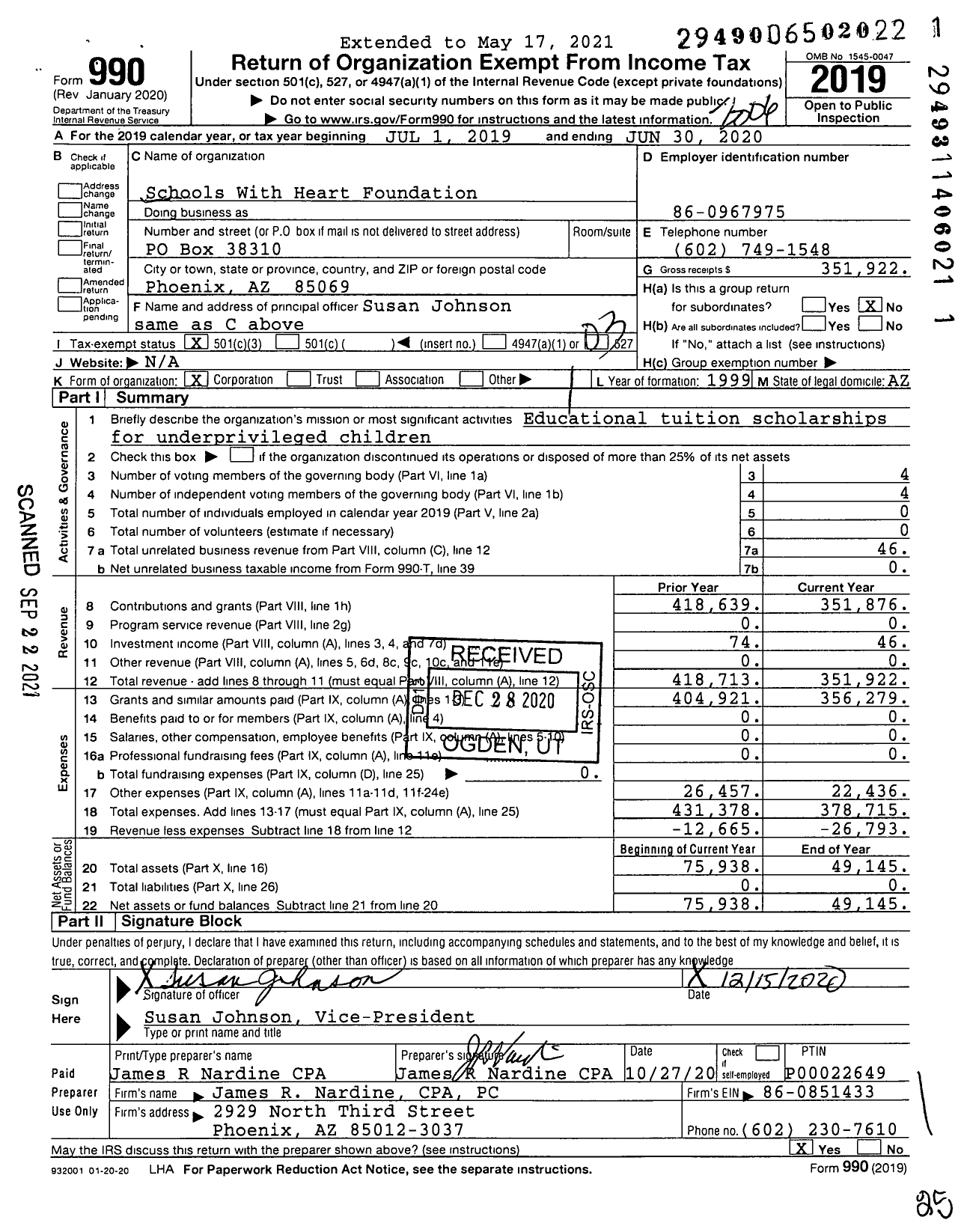 Image of first page of 2019 Form 990 for Schools With Heart Foundation