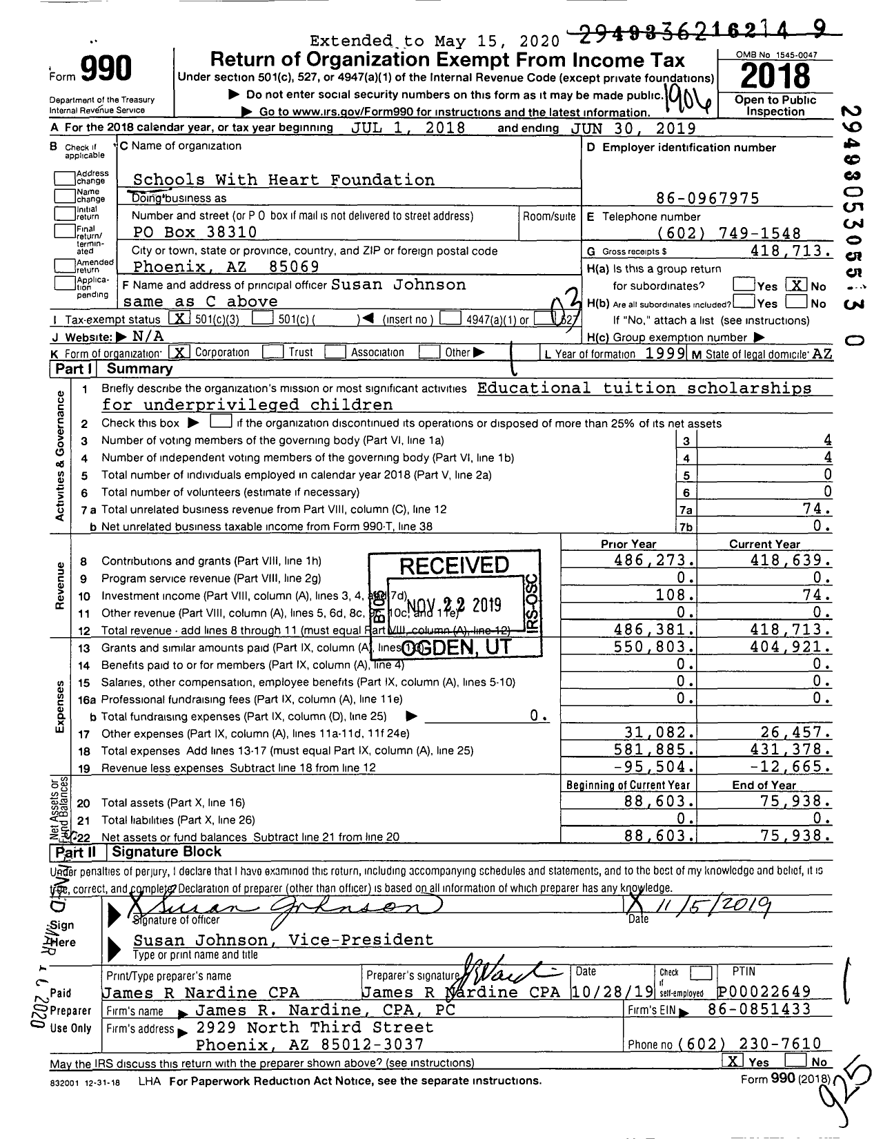 Image of first page of 2018 Form 990 for Schools With Heart Foundation