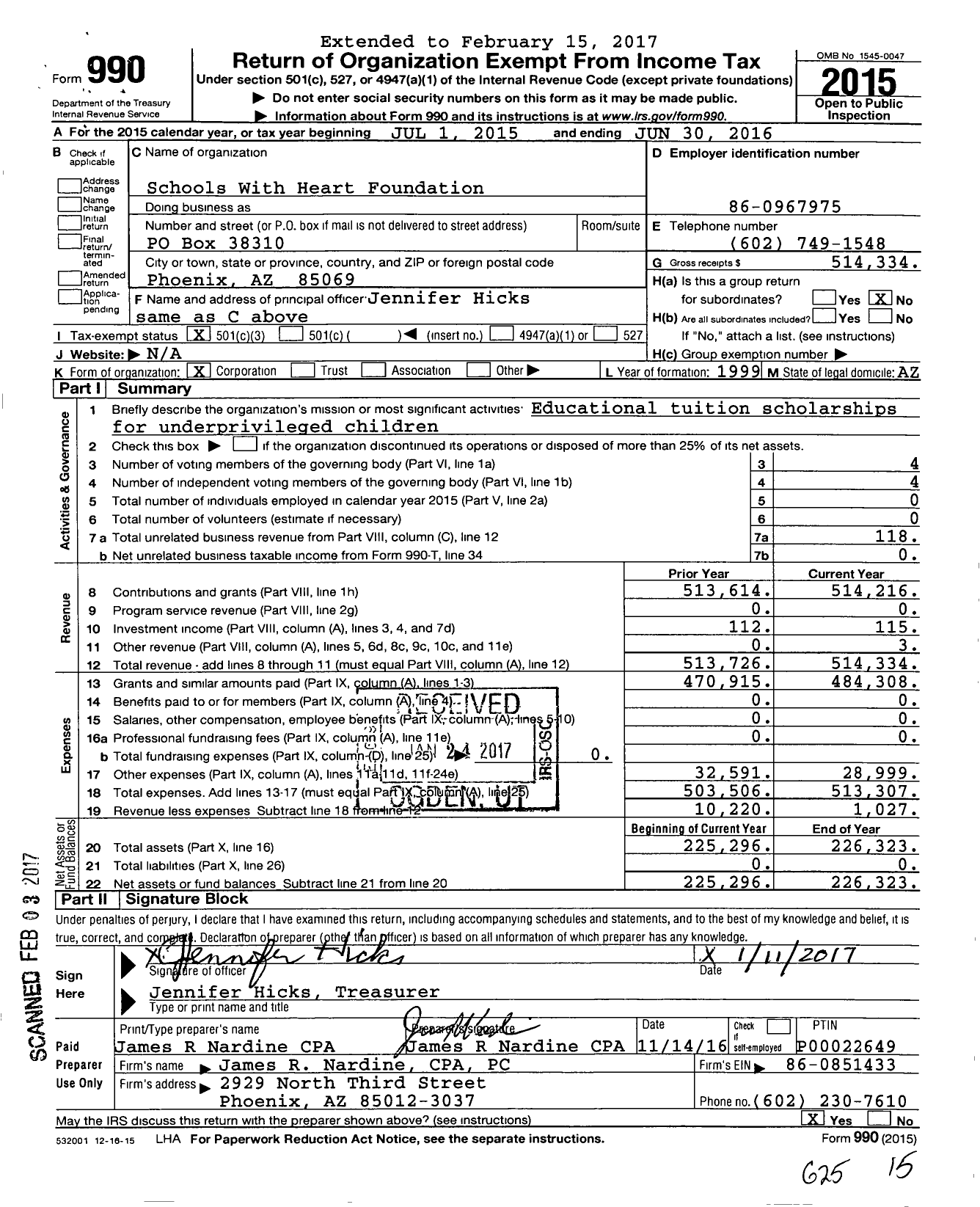 Image of first page of 2015 Form 990 for Schools With Heart Foundation